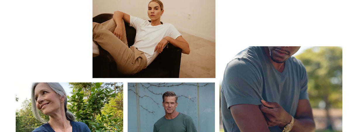Collage of diverse people wearing organic cotton crew neck t-shirts in various colors.