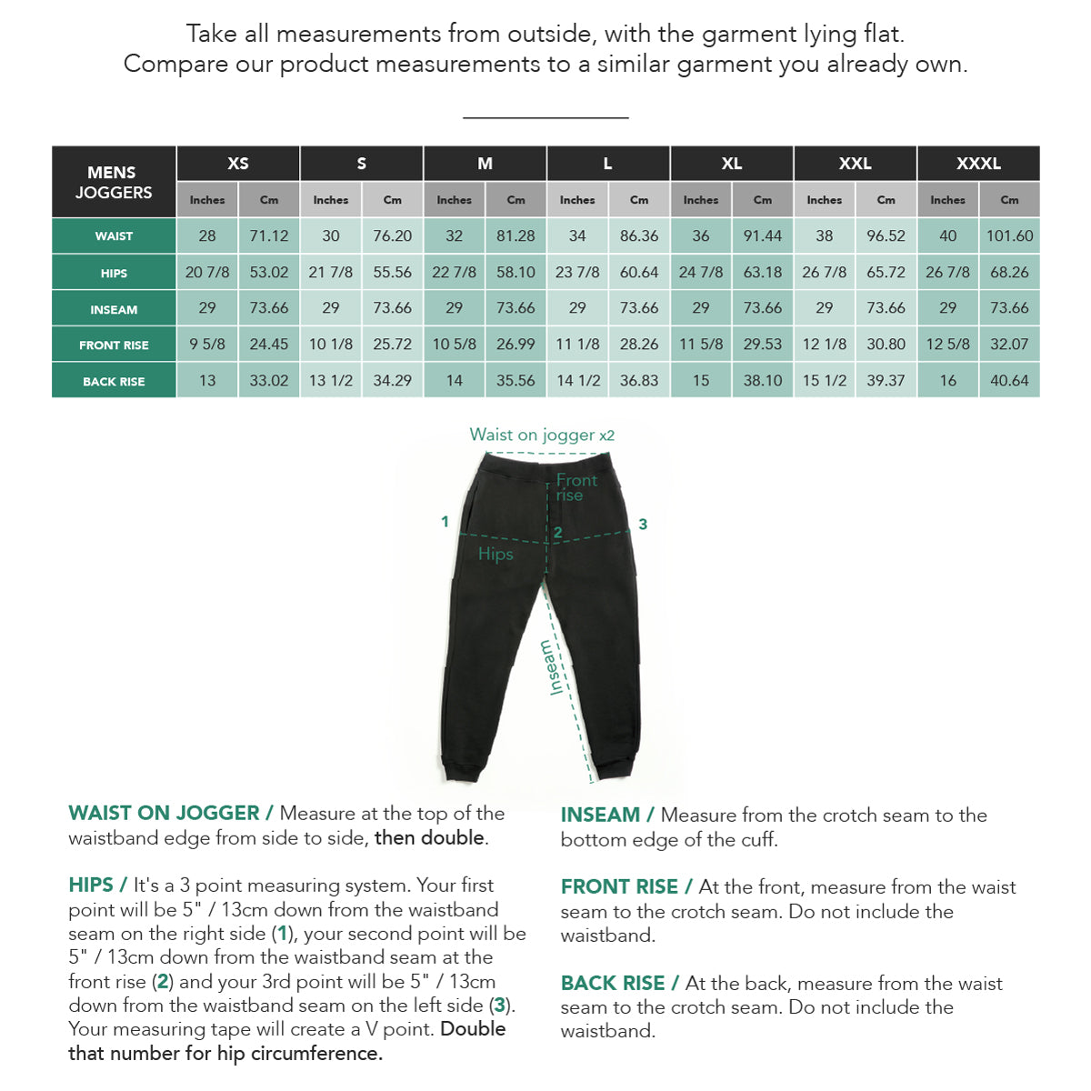 #color_black #color_dark-green #color_navy-blue Mens French Terry Joggers sizeChart 