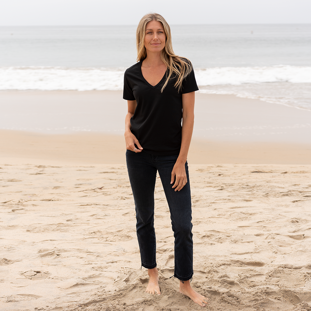 #color_black organic cotton Short Sleeve Deep V-neck t-shirt Full-view