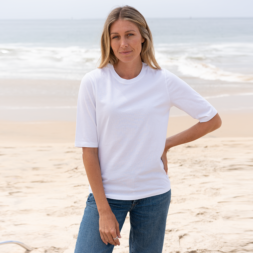 #color_white Womens Elbow Sleeve Crew Neck