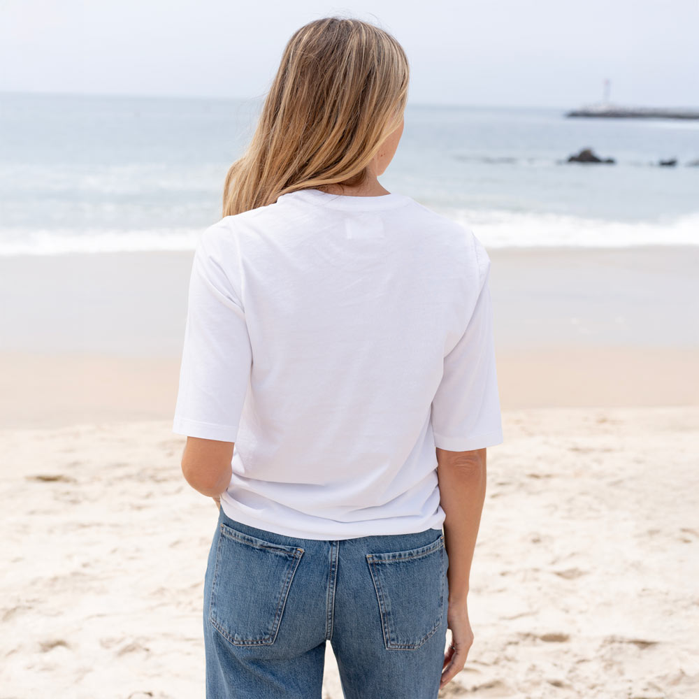#color_white Womens Elbow Sleeve Crew Neck back