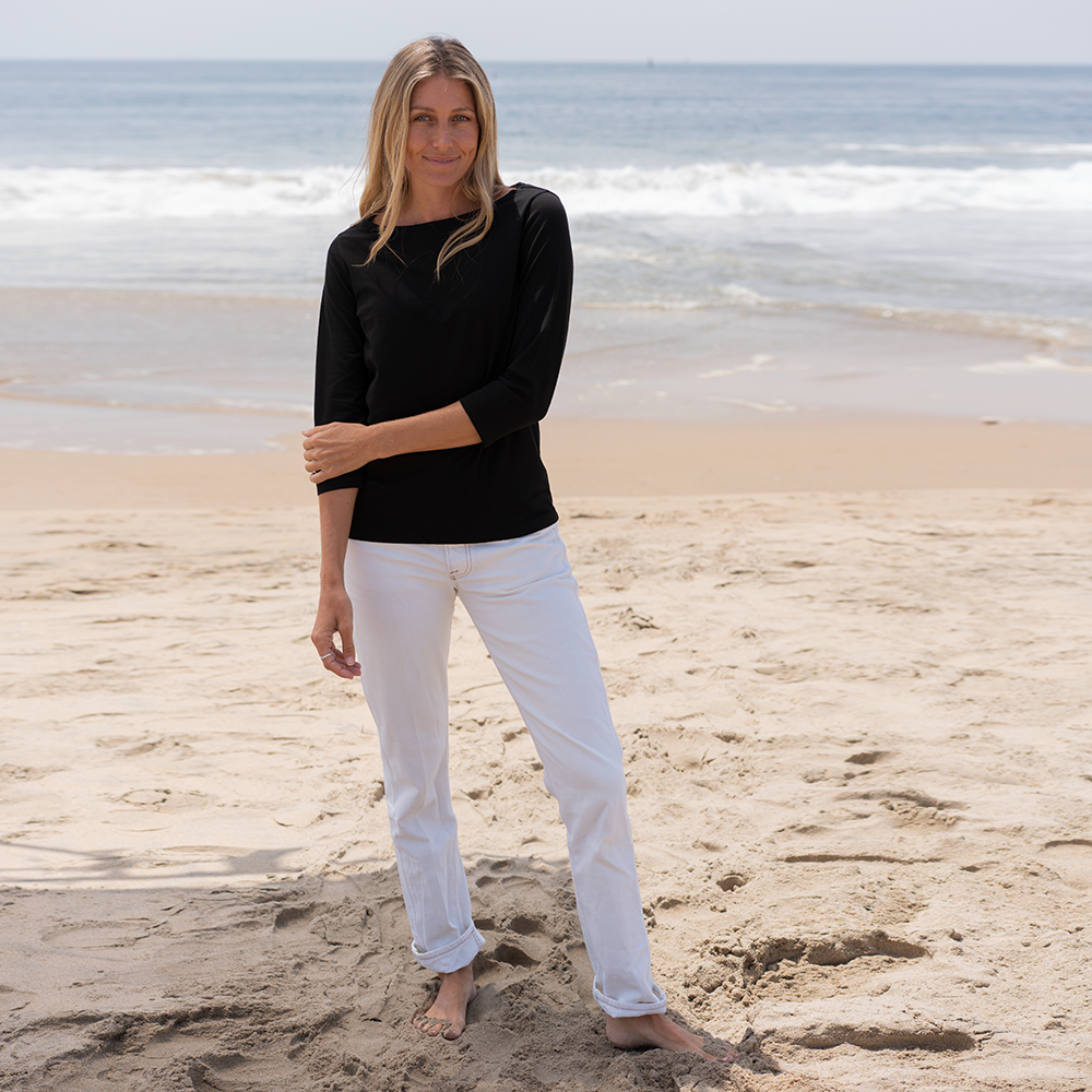 #color_black organic cotton 3/4 Sleeve Boat Neck t-shirt Full-view