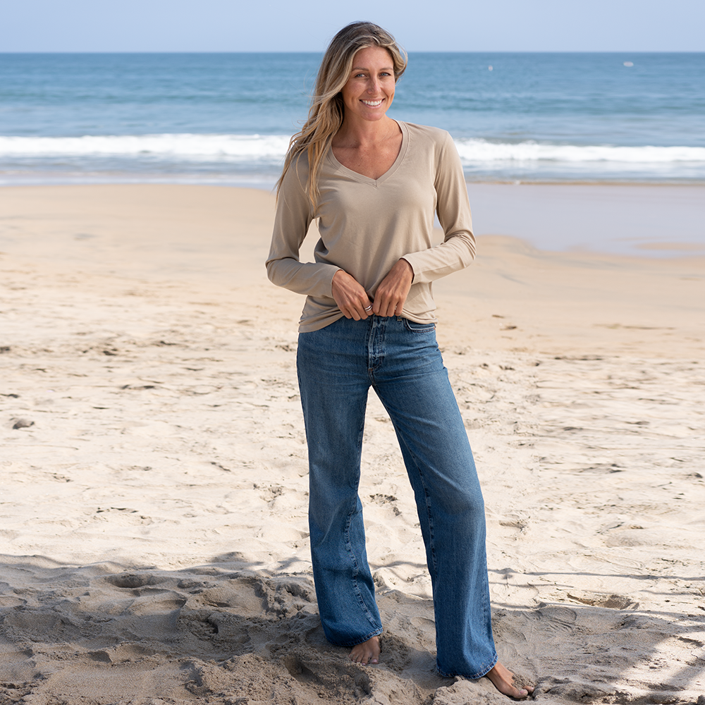 #color_sand Women Long Sleeve V Neck Full-view