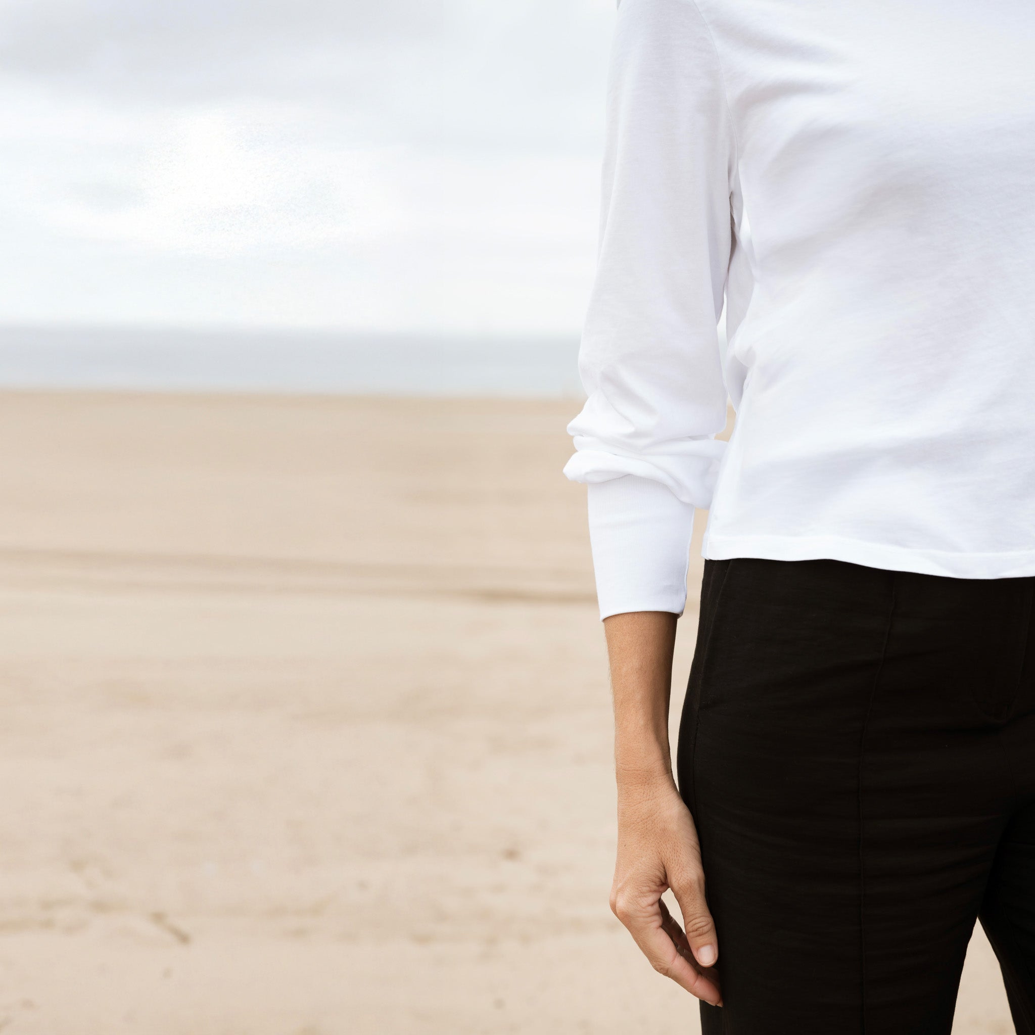 #color_white Women Long Sleeve Ribbed Sleeve Cuffs cotton Close-view