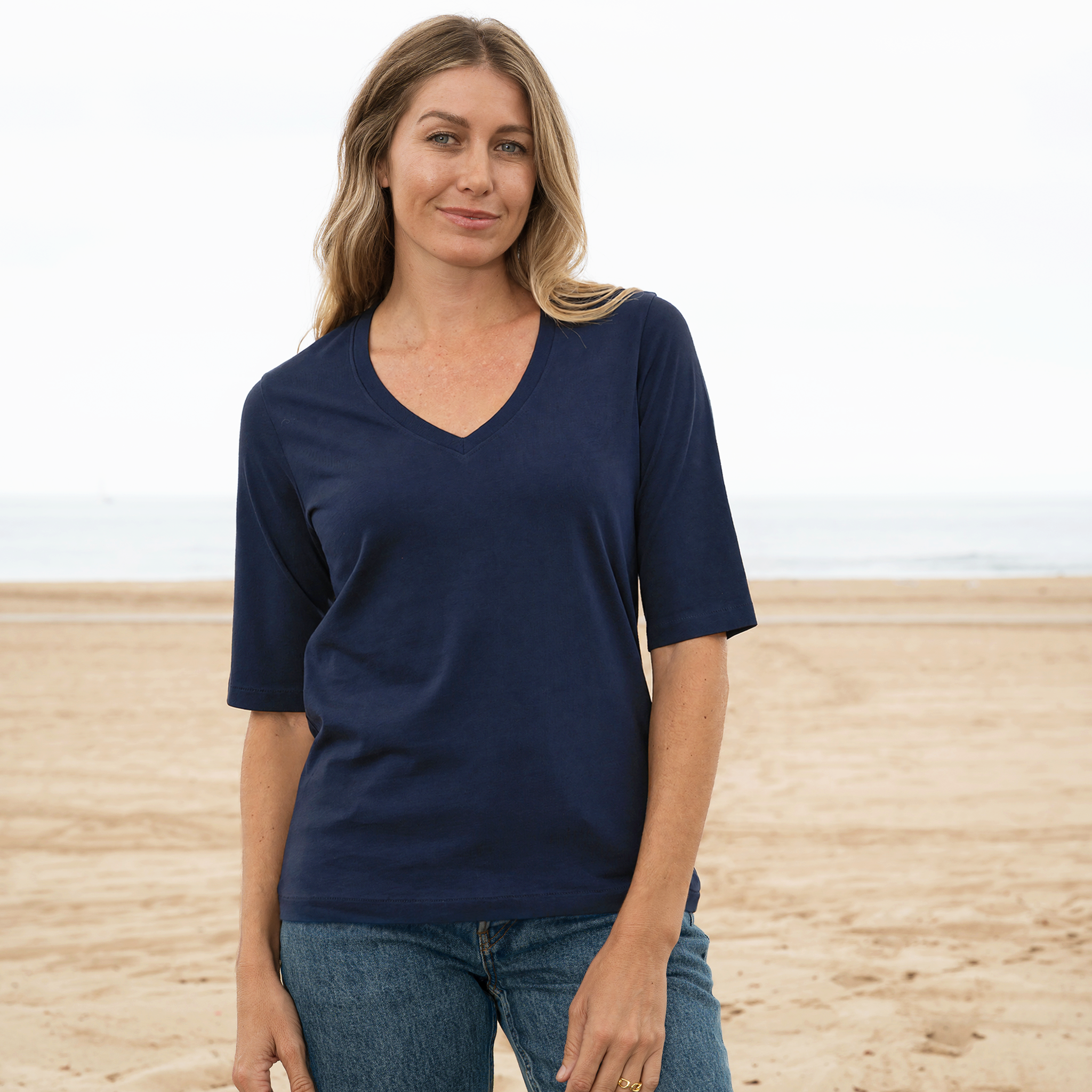 #color_blue Womens Elbow Sleeve Crew Neck close view
