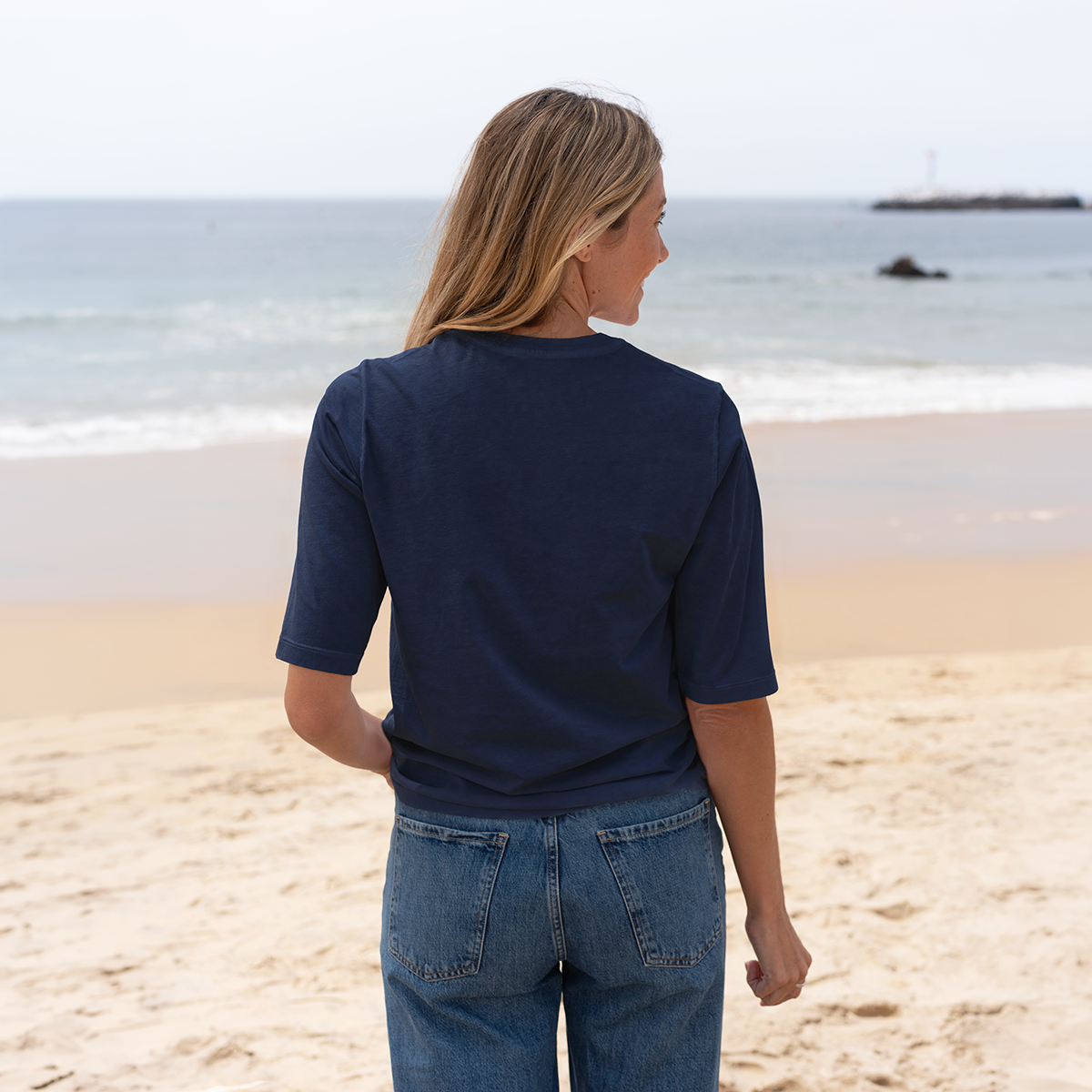 #color_blue Womens Elbow Sleeve Crew Neck Back