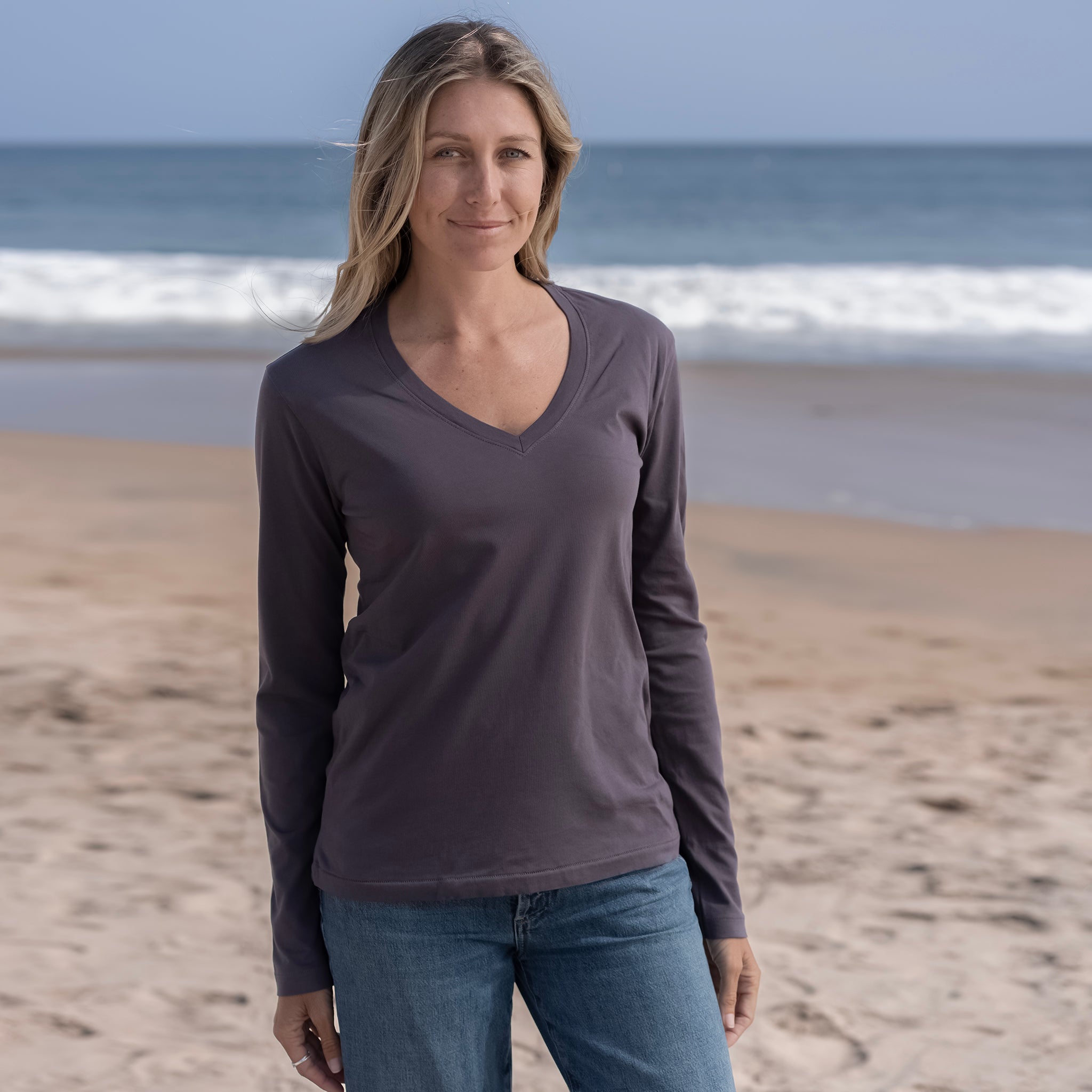 Womens Long Sleeve V-neck - Faded Purple