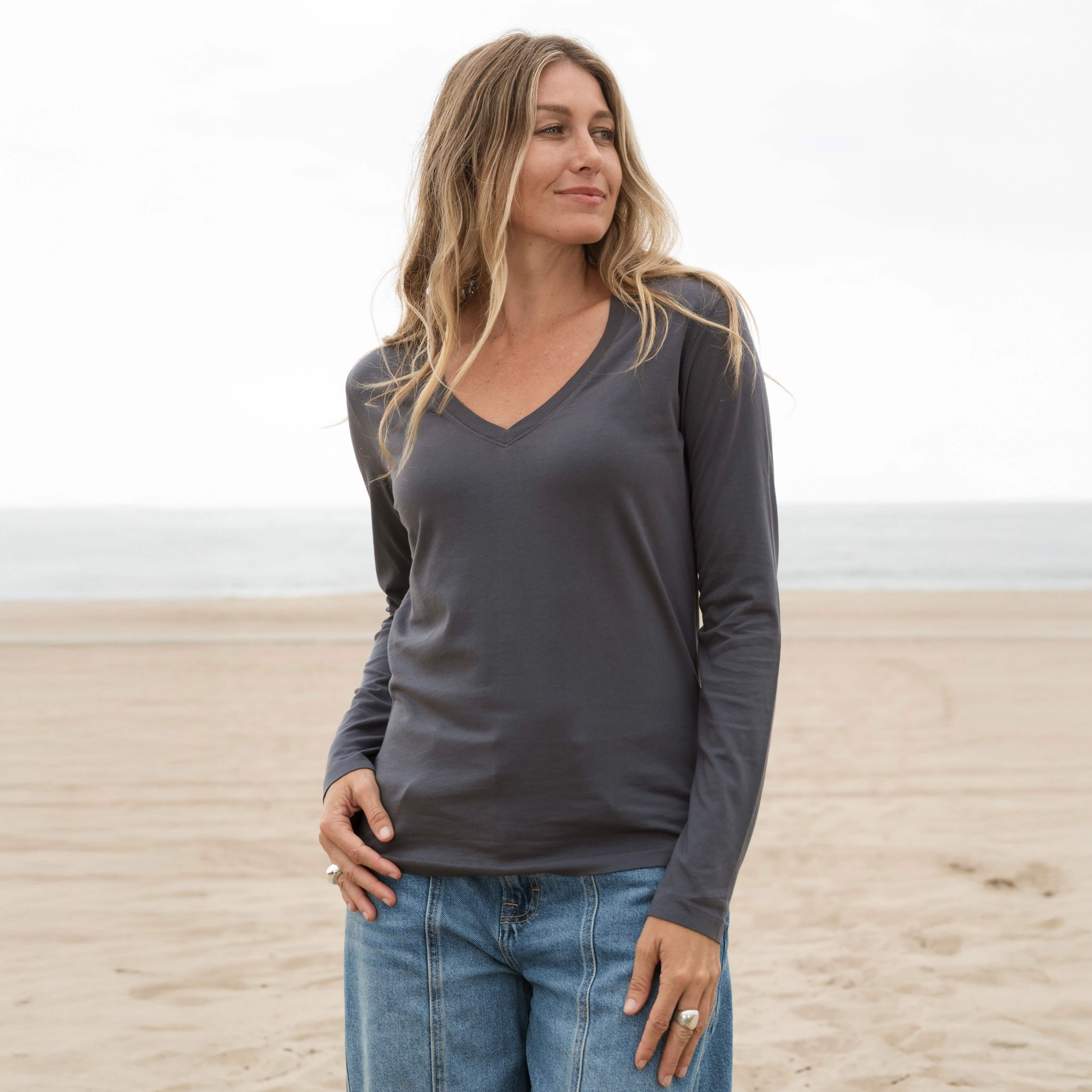 #color_dark-grey Womens Long Sleeve V Neck Front