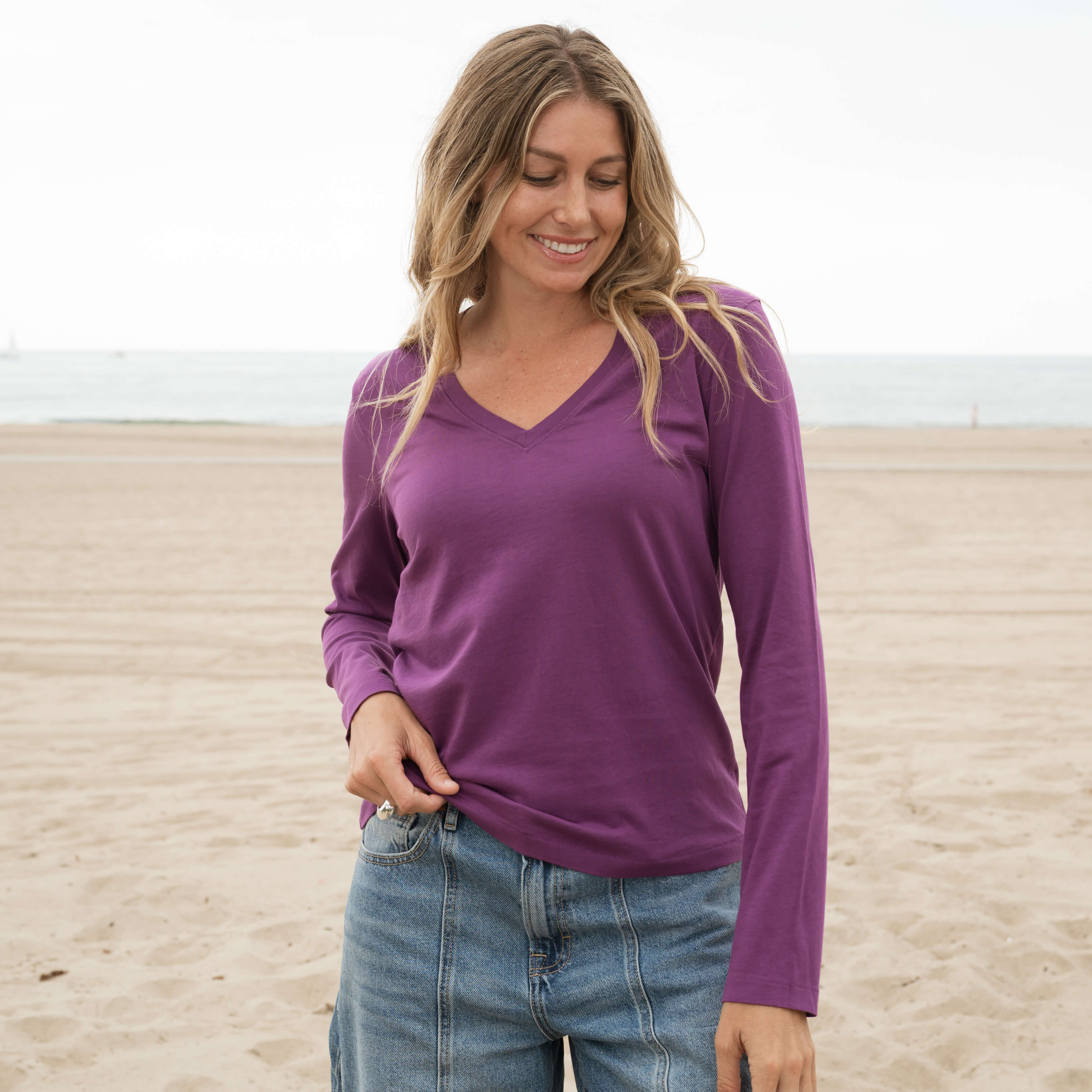 #Color_plum Womens Long Sleeve V-neck Front