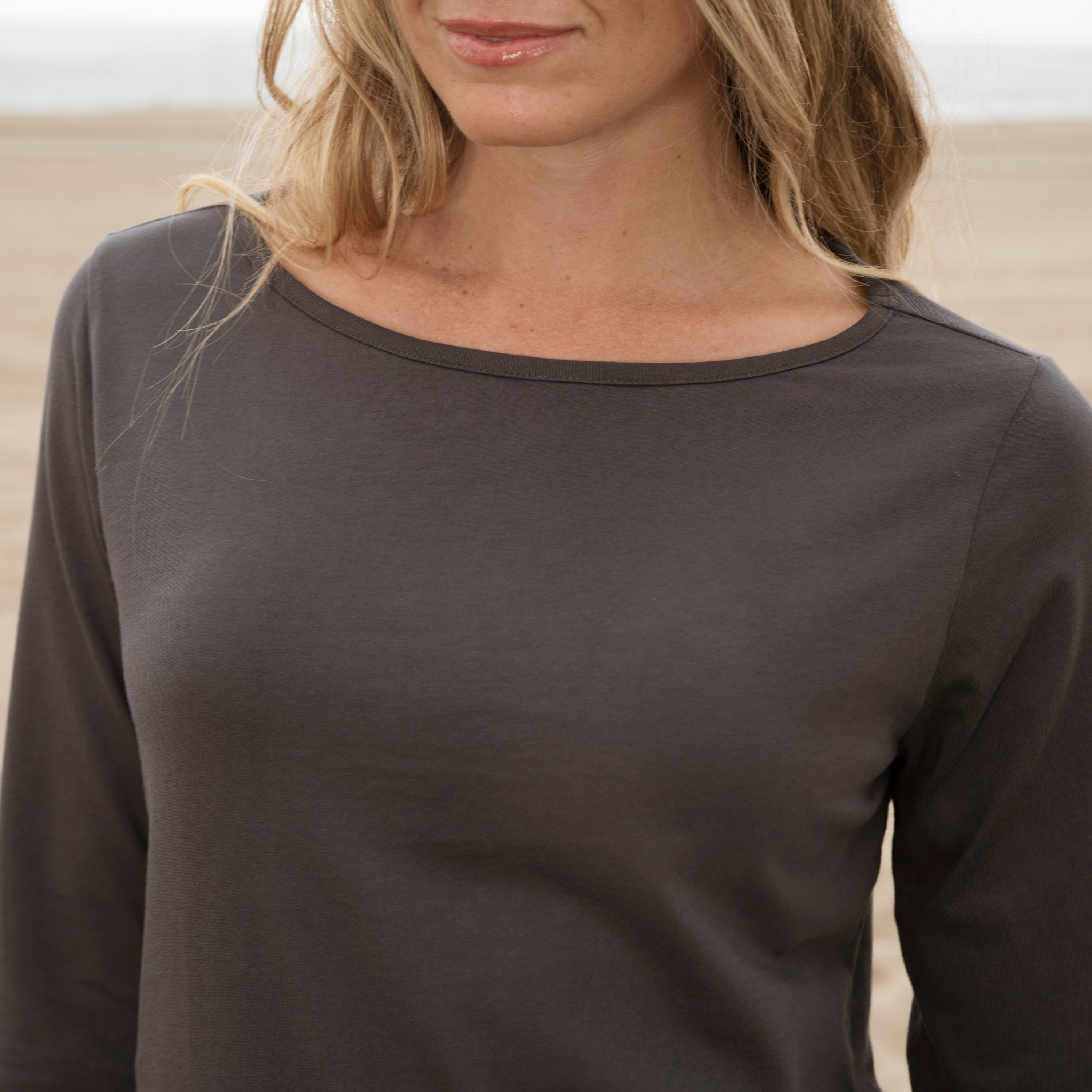 #color_dark-grey organic cotton 3/4 Sleeve Boat Neck Close View
