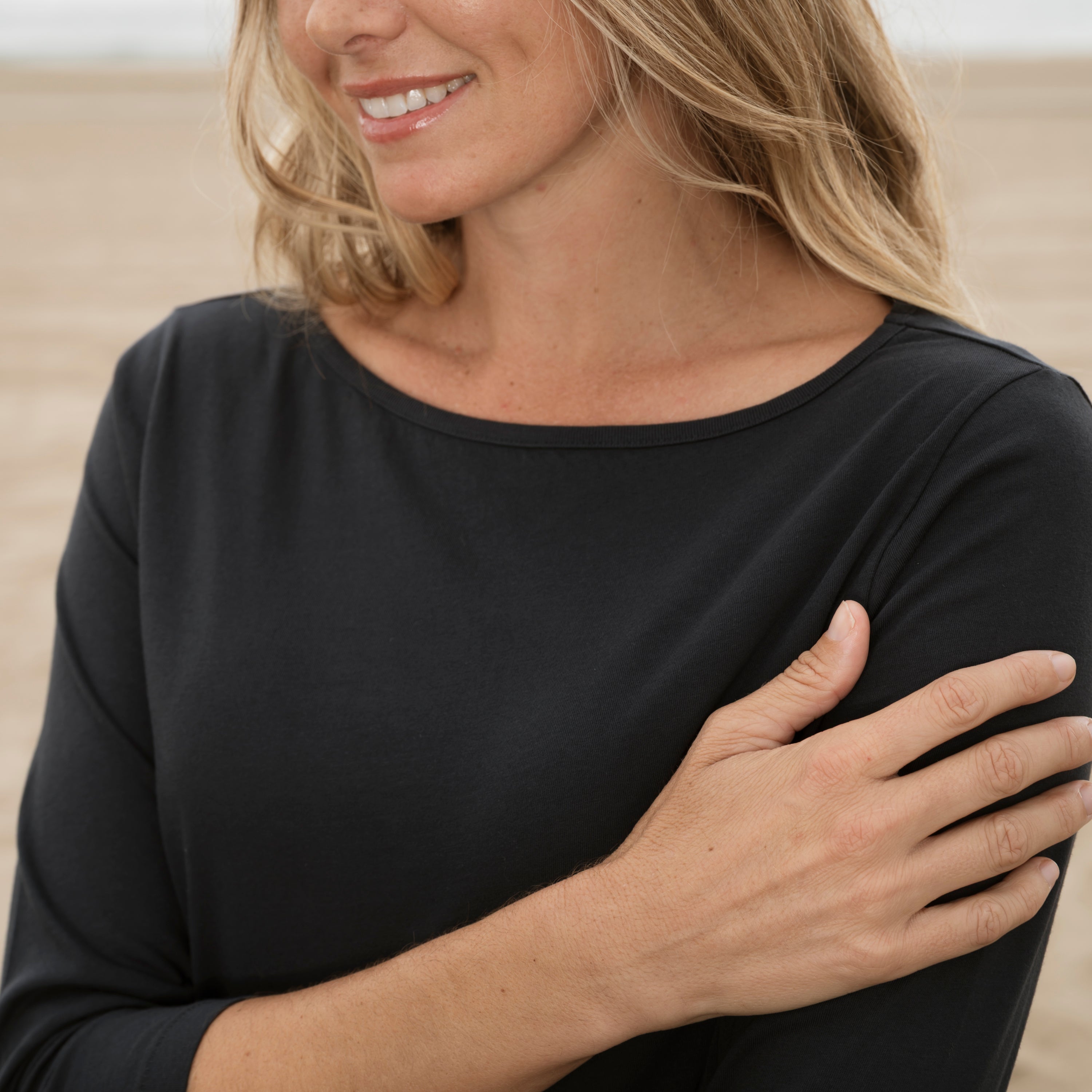 #color_black Womens 3/4 Sleeve Boat Neck T-shirt Close