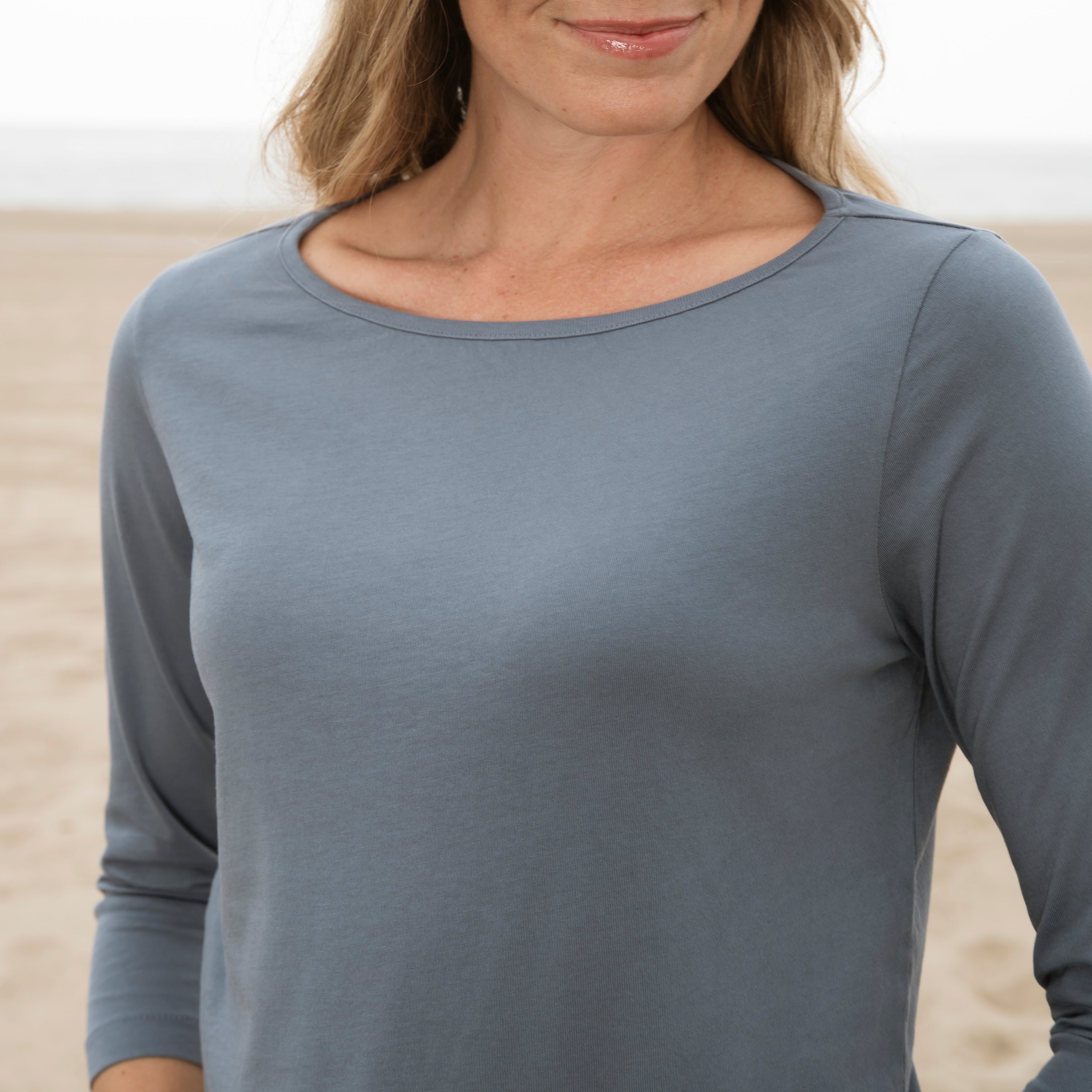 #color_dusk-blue organic cotton 3/4 Sleeve Boat Neck t-shirt Close View