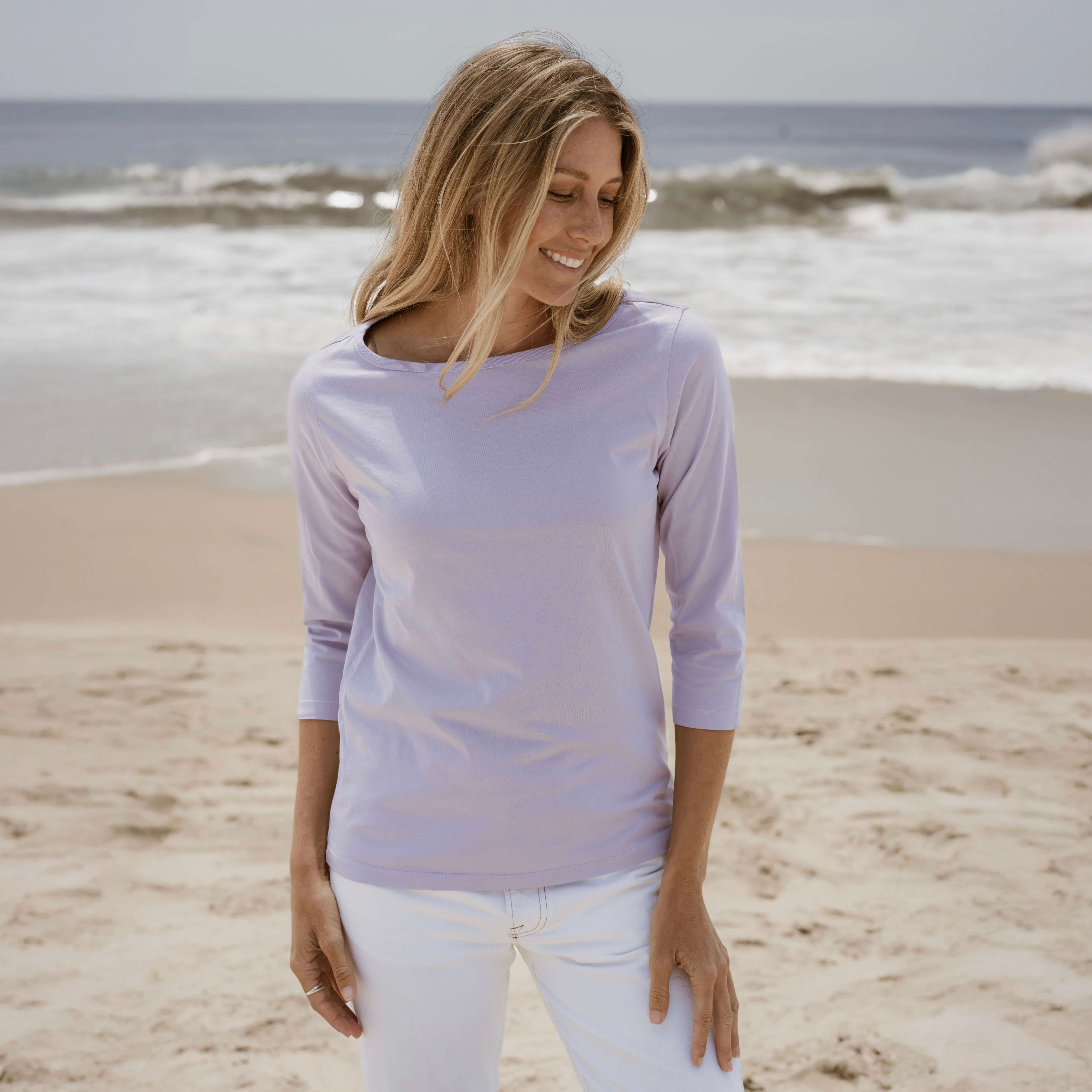 #color_pastel-lilac organic cotton 3/4 Sleeve Boat Neck t-shirt Front
