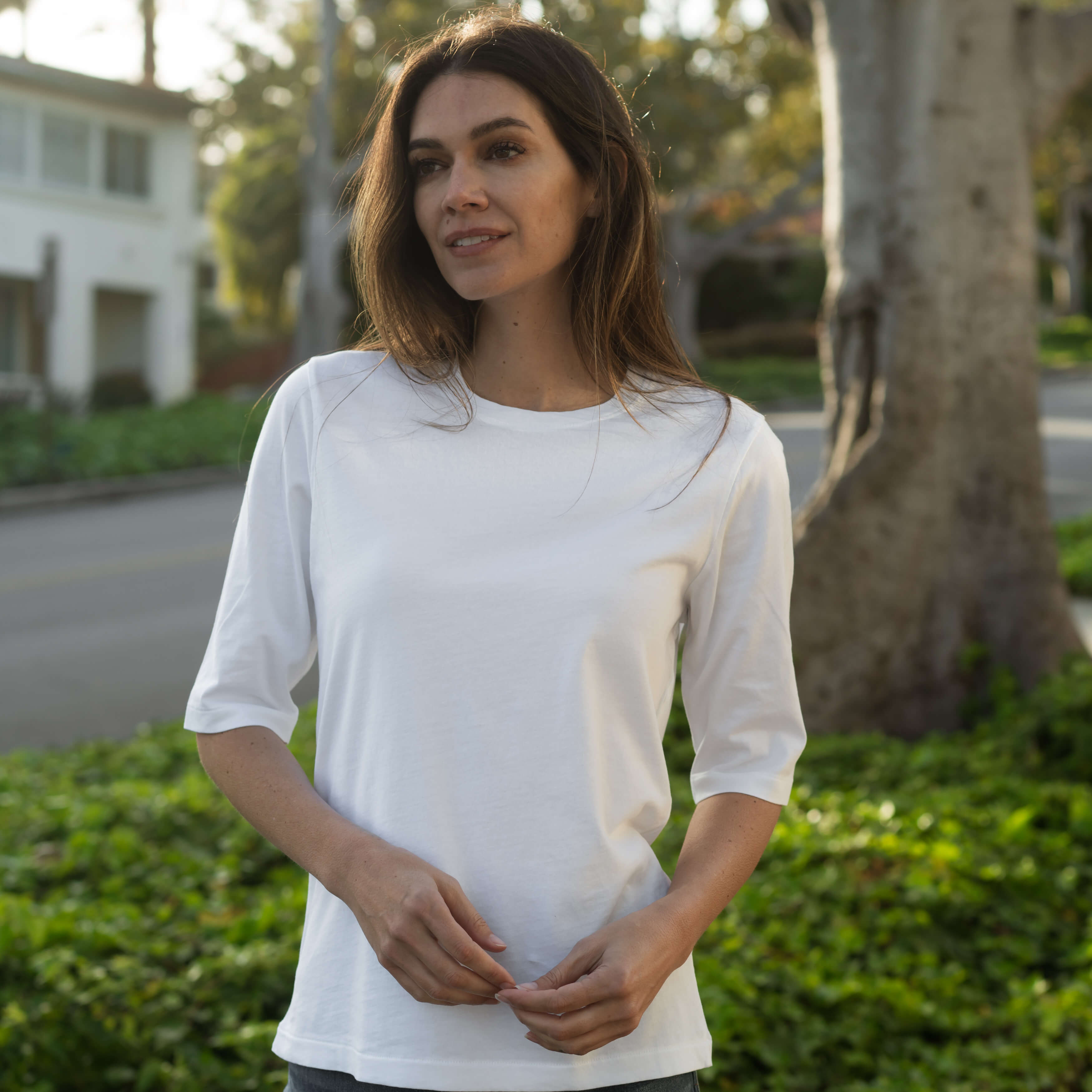 #color_white Womens Elbow Sleeve Crew Neck