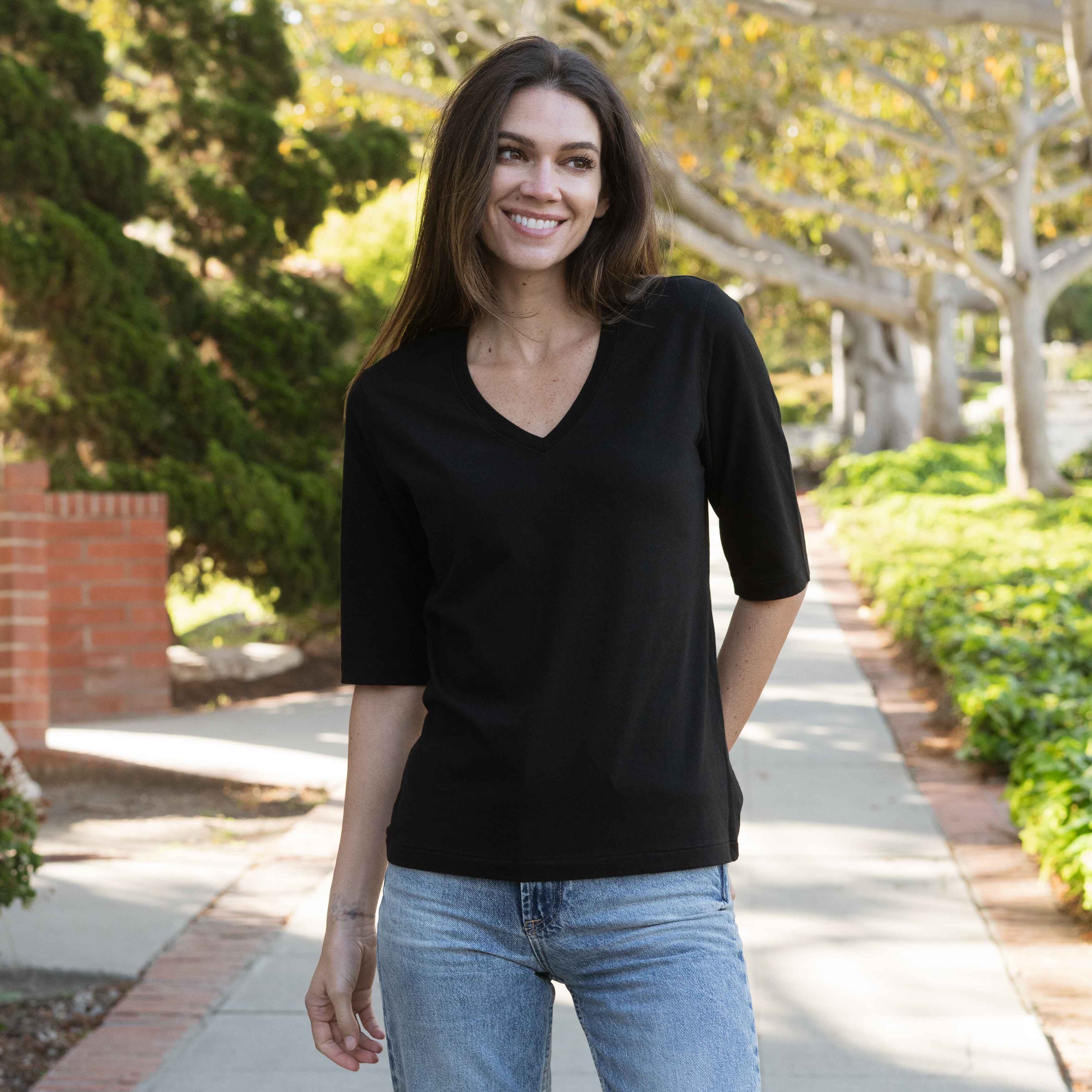#color_black Elbow Sleeve V-Neck Full View