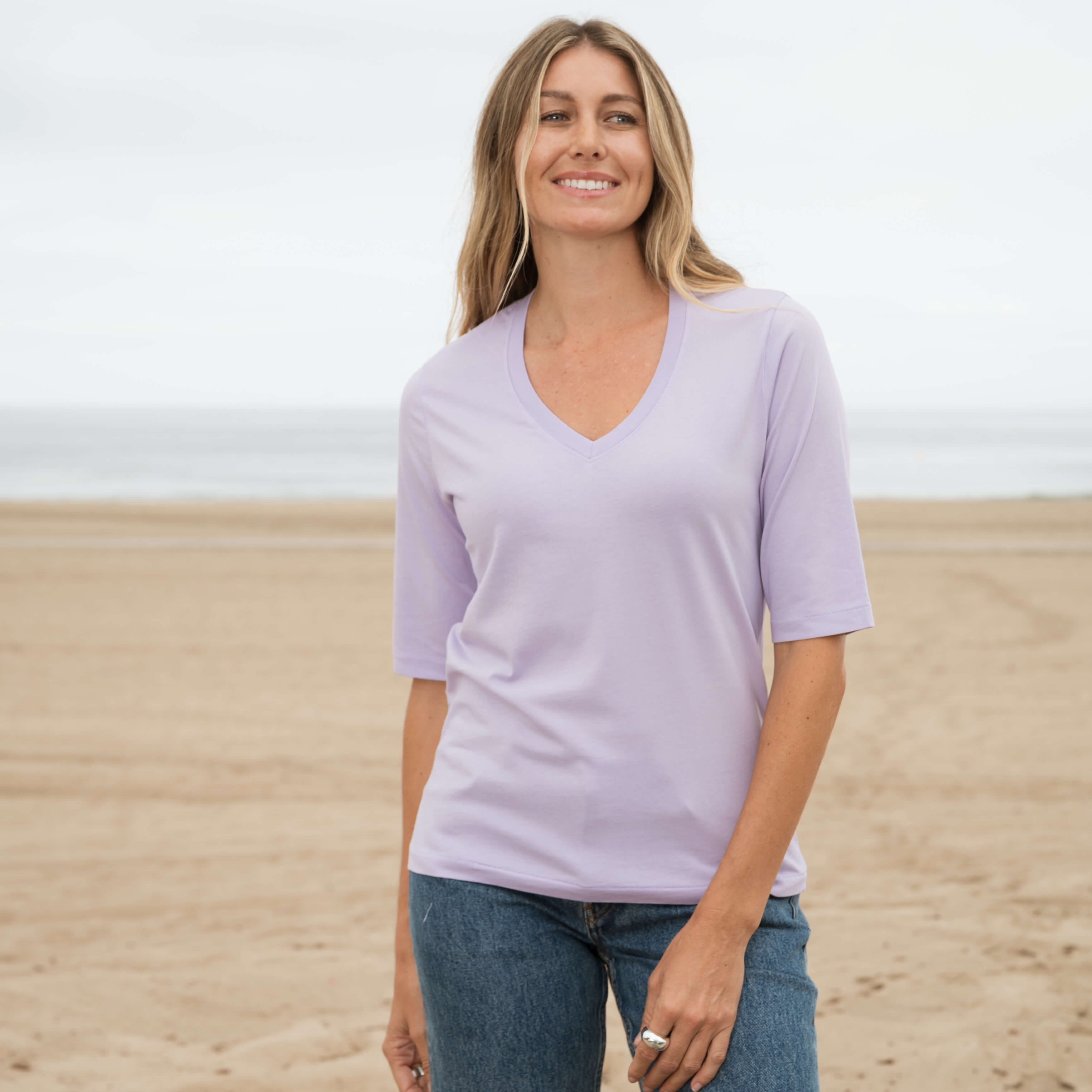 #color_pastel-lilac Elbow Sleeve V-Neck