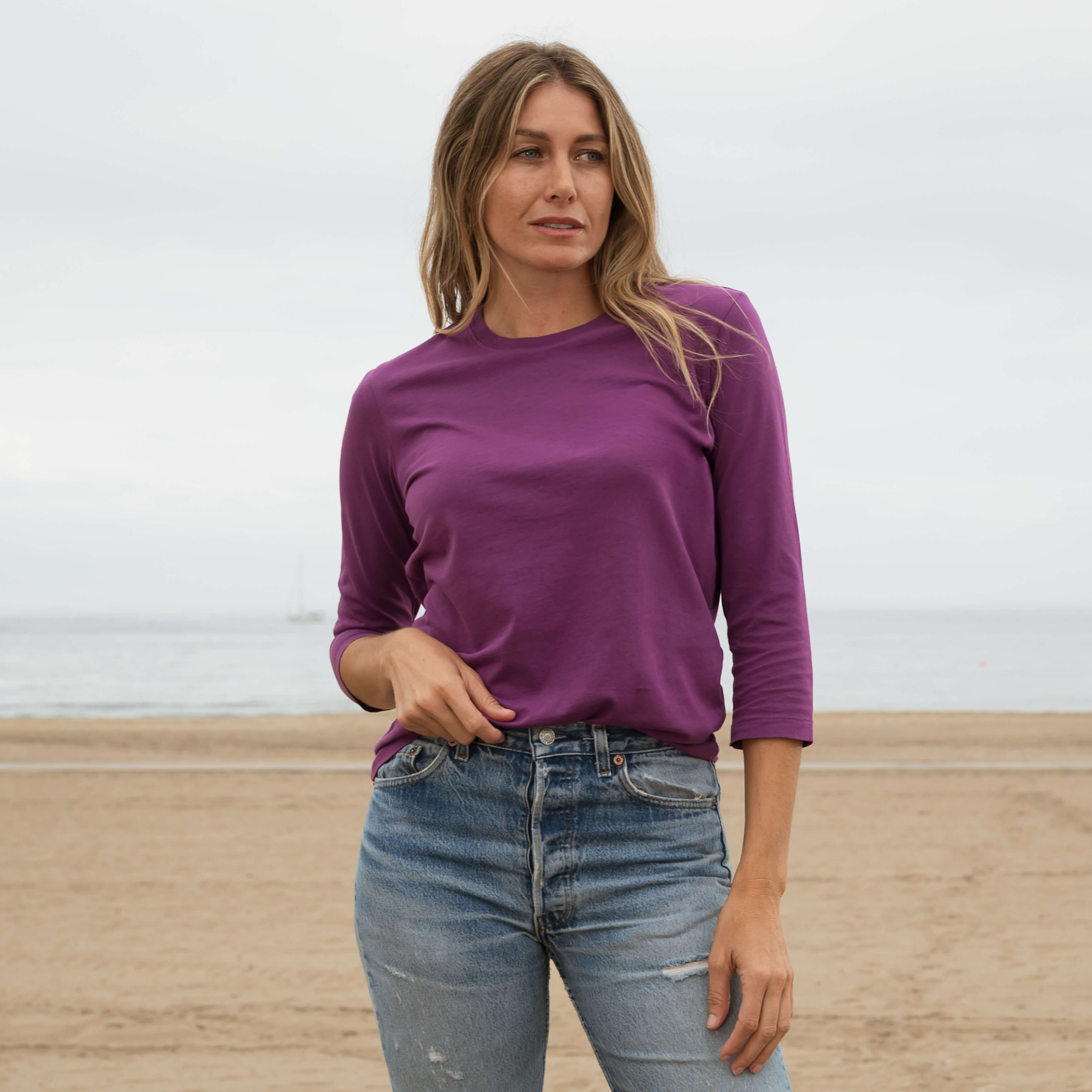 #color_plum front 3/4 Sleeve Crew Neck