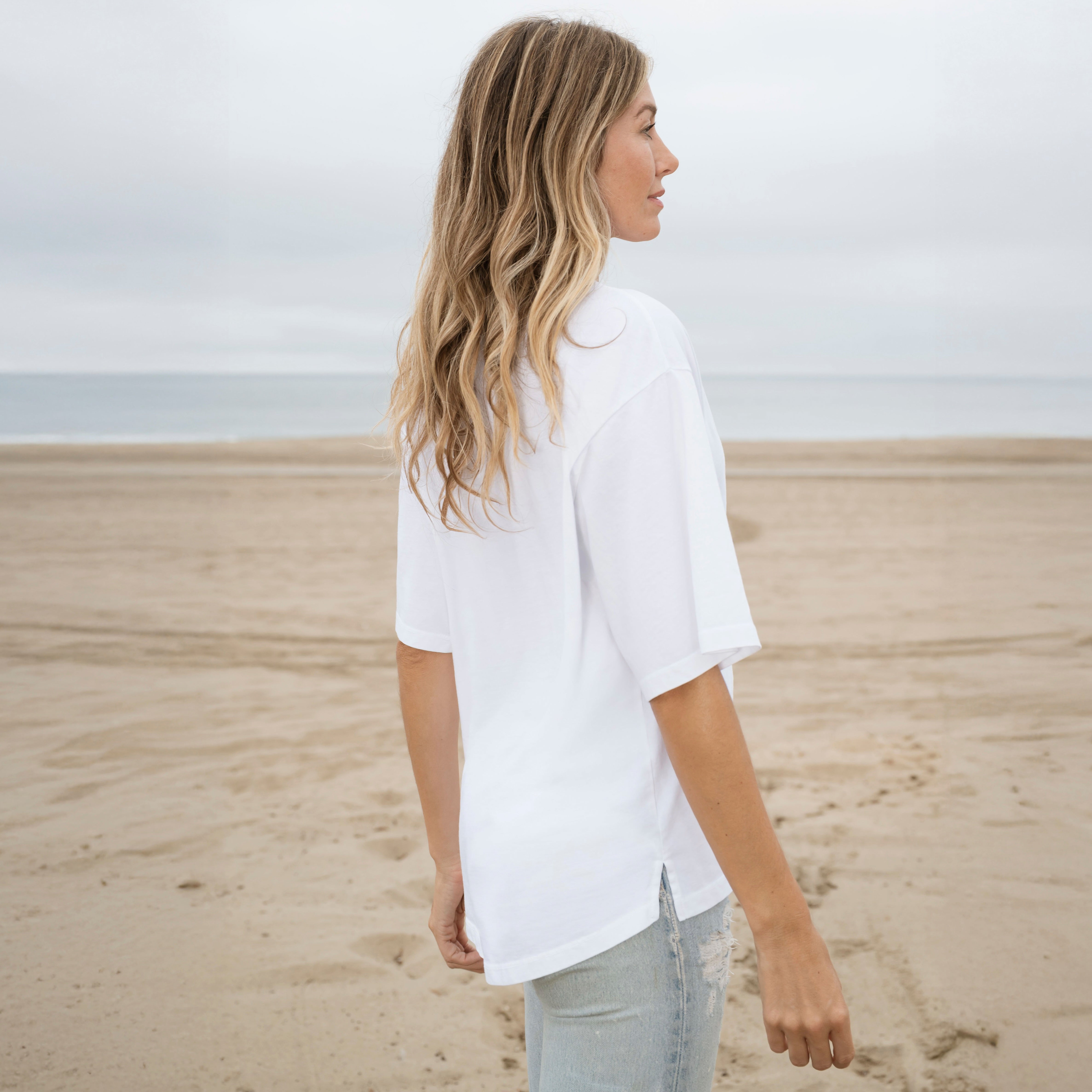 #color_white Womens Over Shoulder Curved Elbow Heavyweight Tee side-back