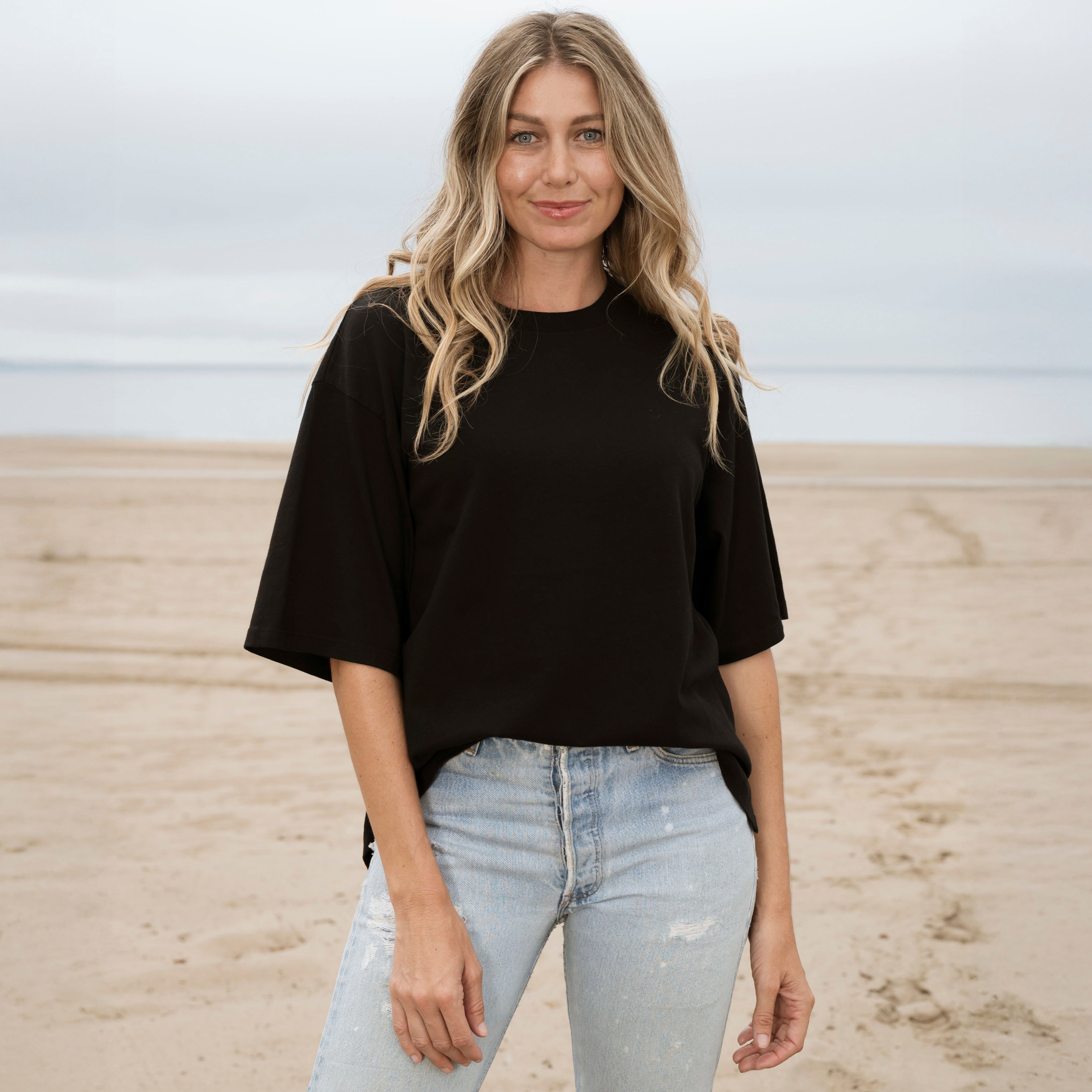 #color_black Womens Over Shoulder Curved Elbow Heavyweight Tee