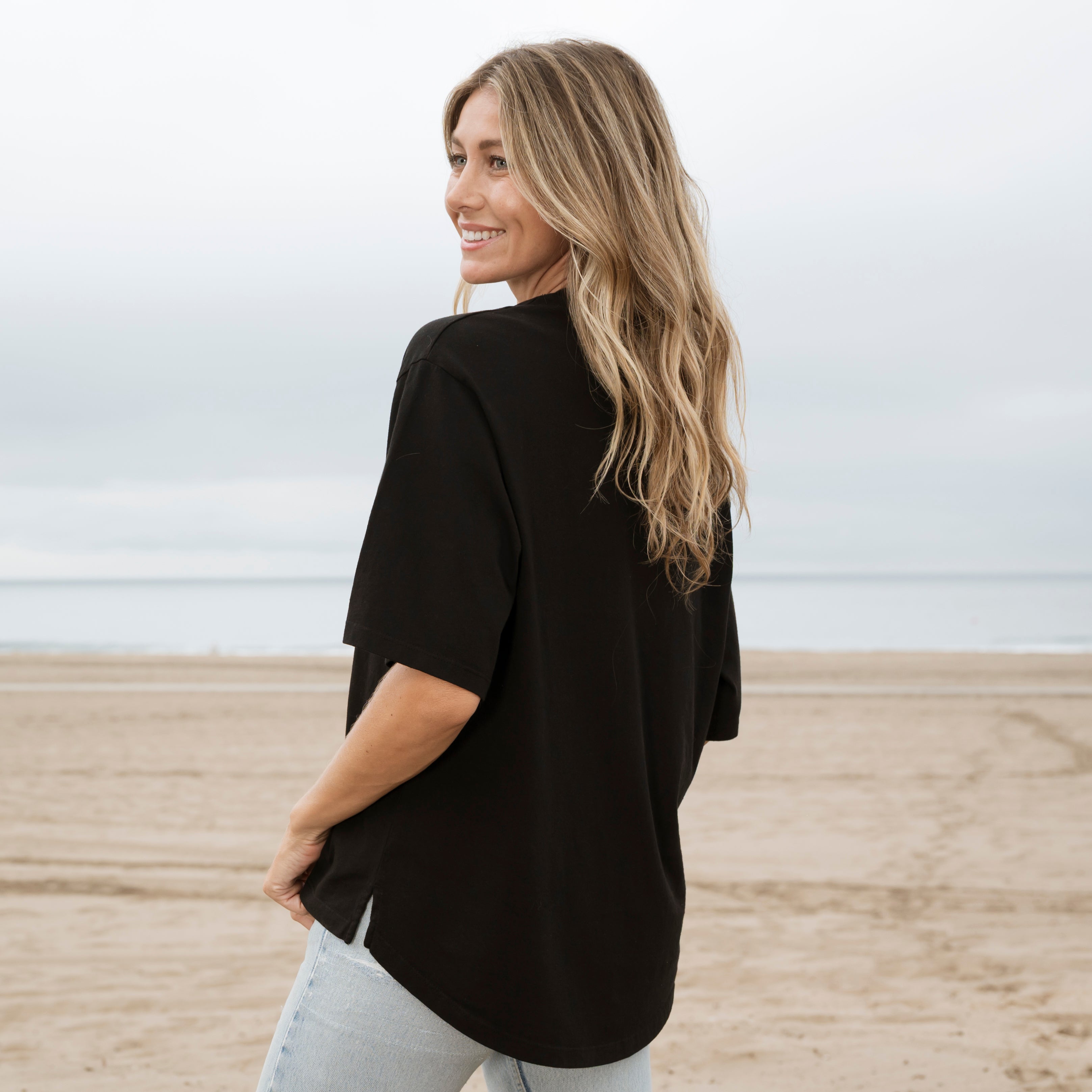 #color_black Womens Over Shoulder Curved Elbow Heavyweight Tee