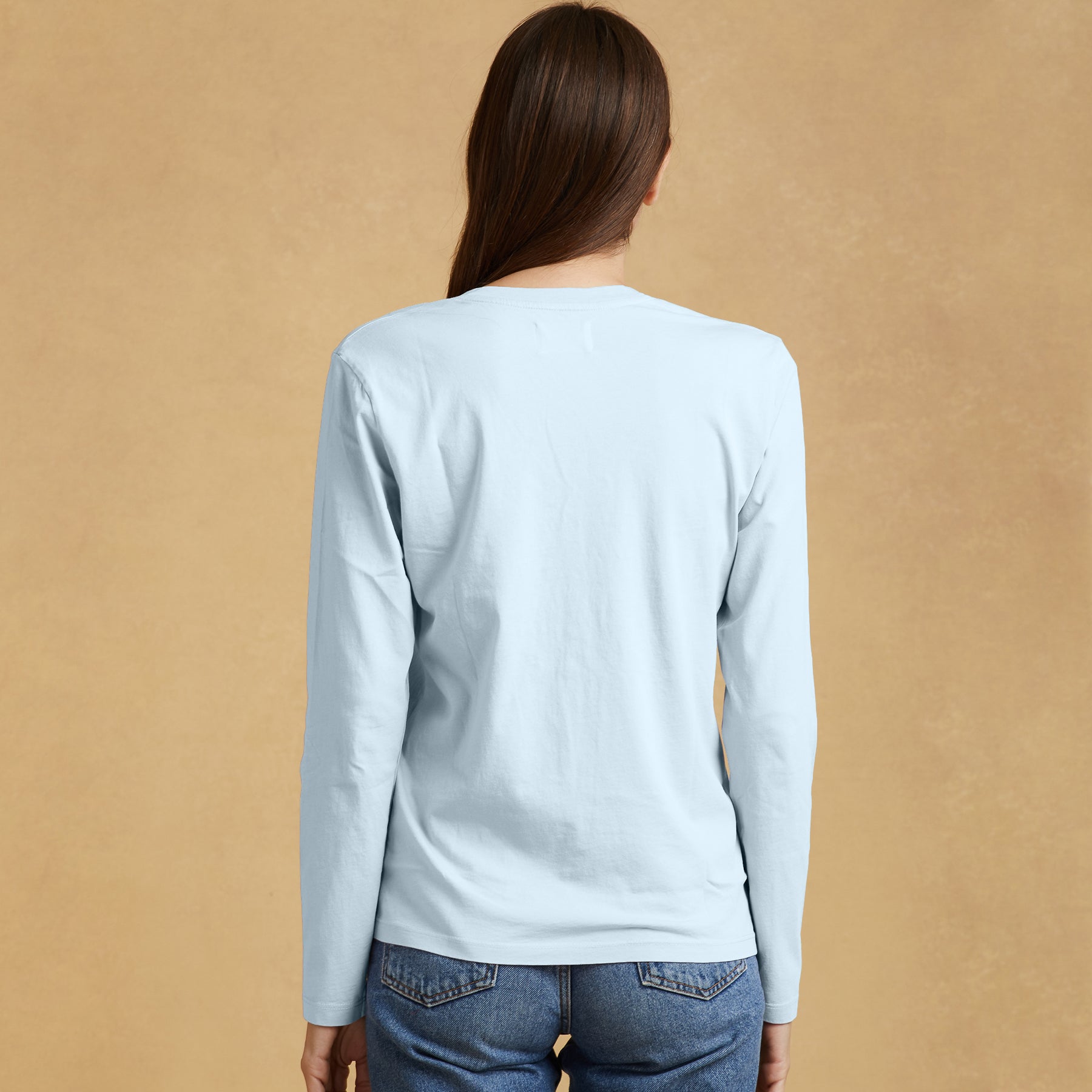 Women Long Sleeve V Neck #color_sky-blue -back