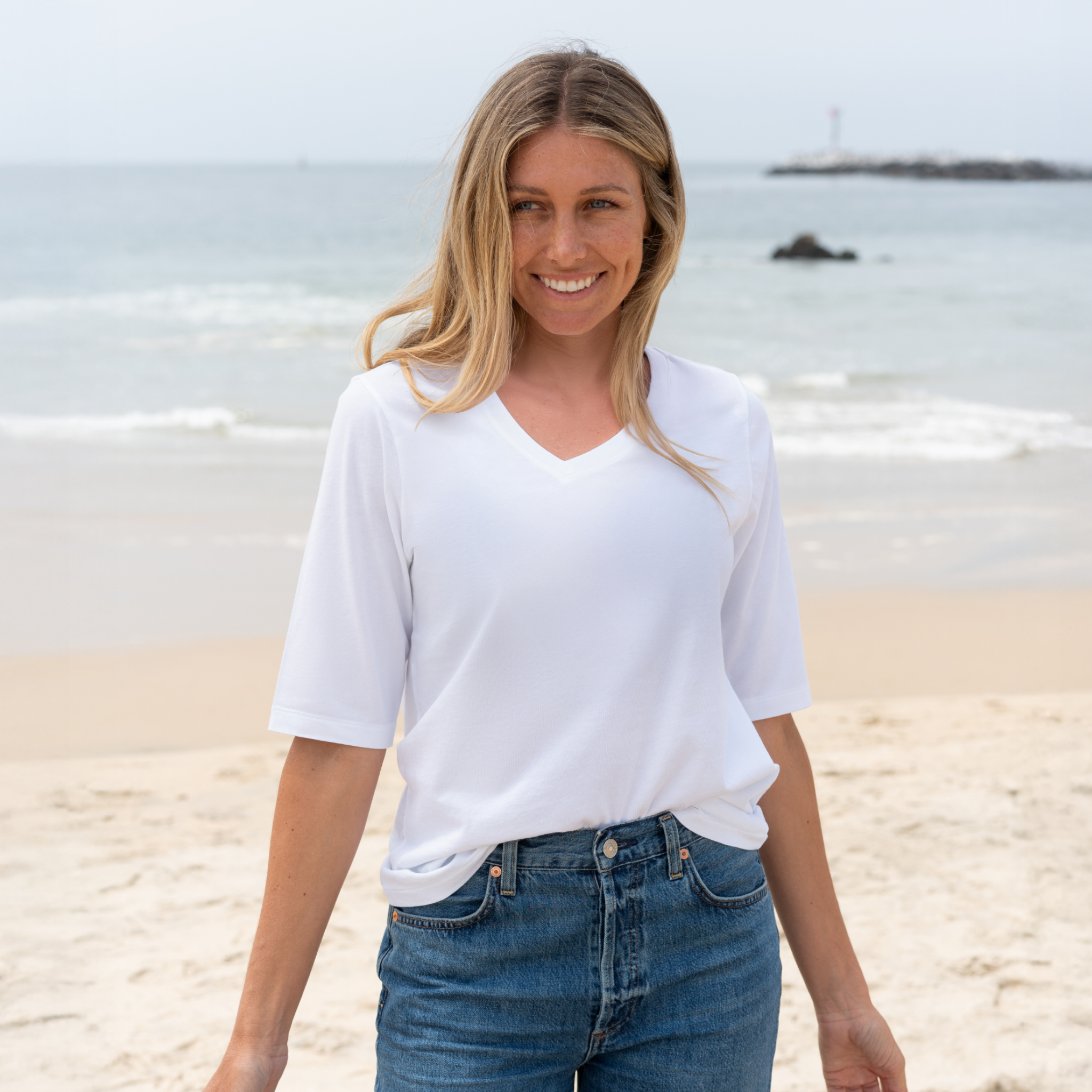 #color_white Elbow Sleeve V-neck