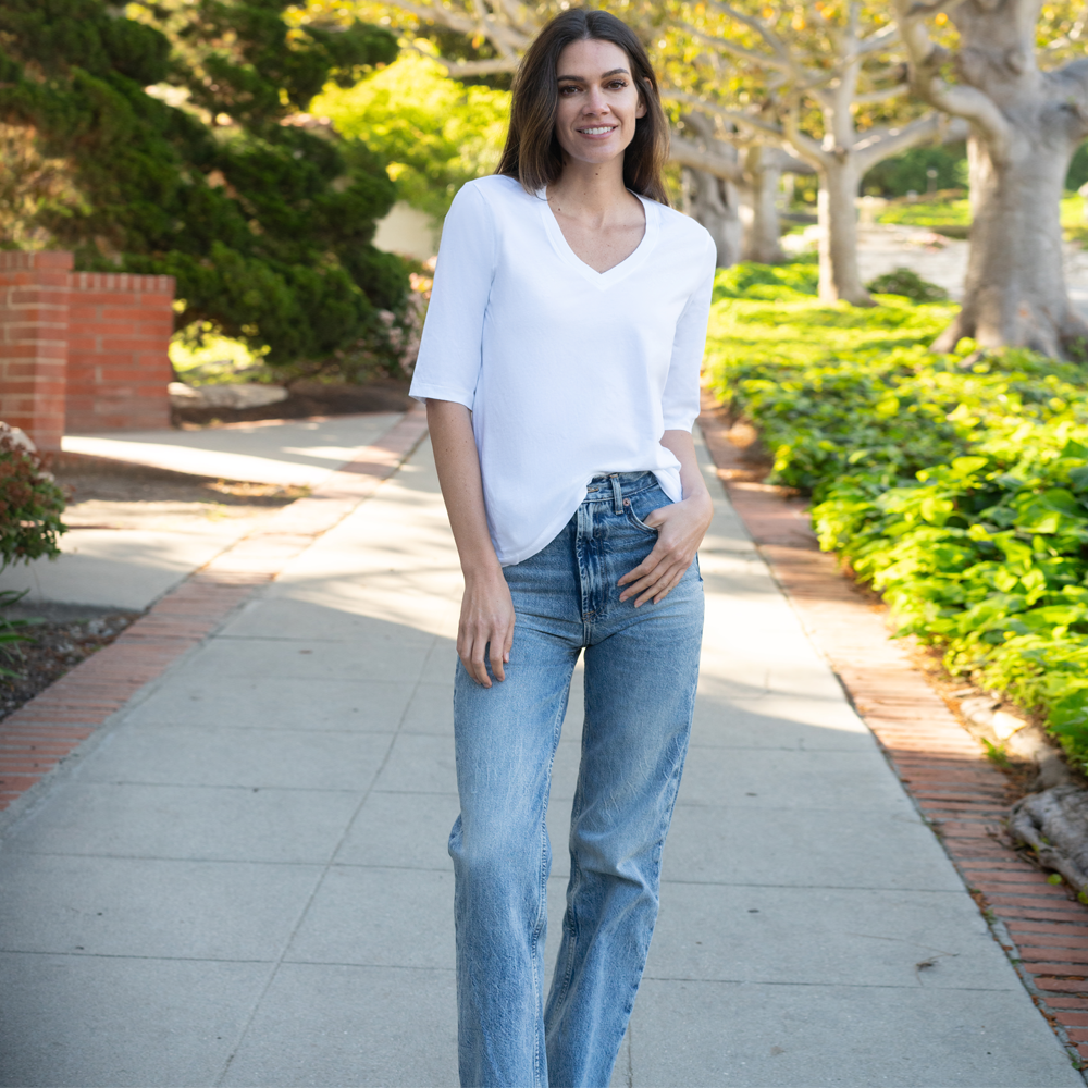 #color_white Womens Elbow Sleeve v-Neck
