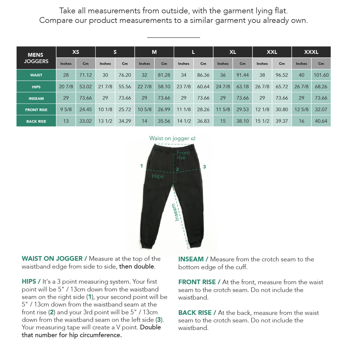 Mens French Terry Joggers Size Chart