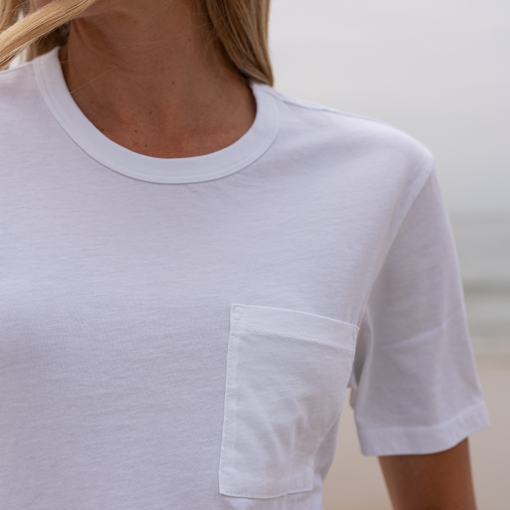 #color_white Womens short pocket tee close view