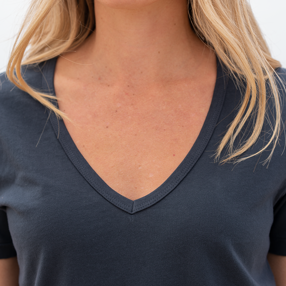 #color_navy-blue organic cotton Short Sleeve Deep V-neck t-shirt Close-up