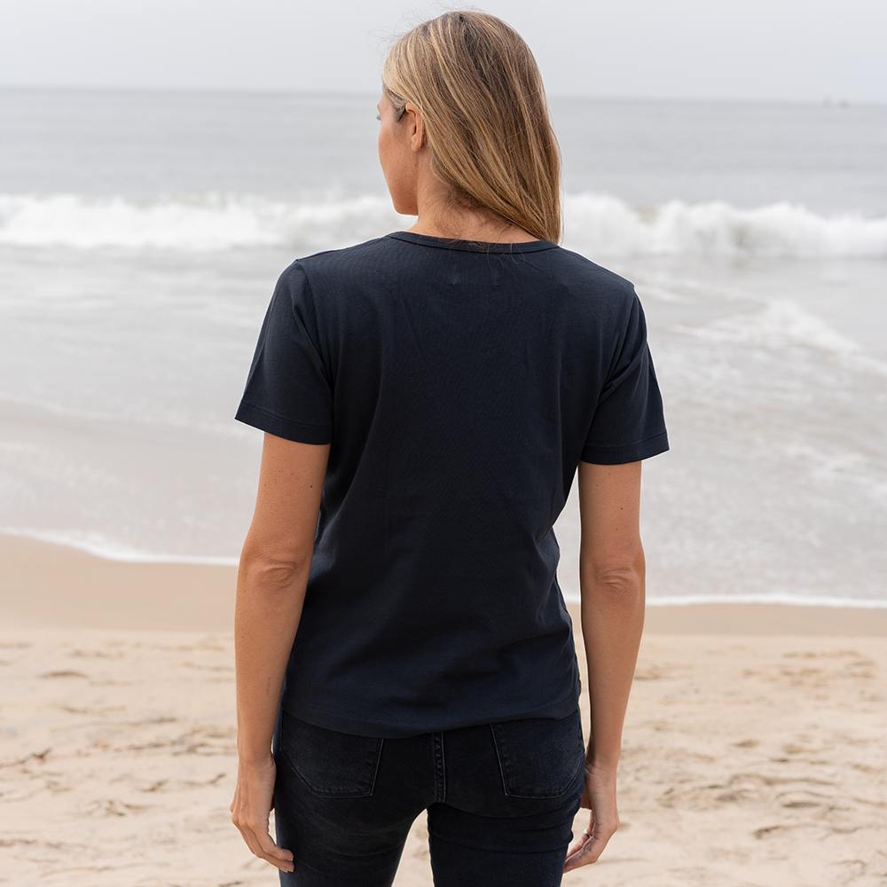 #color_navy-blue organic cotton Short Sleeve Deep V-neck t-shirt Back