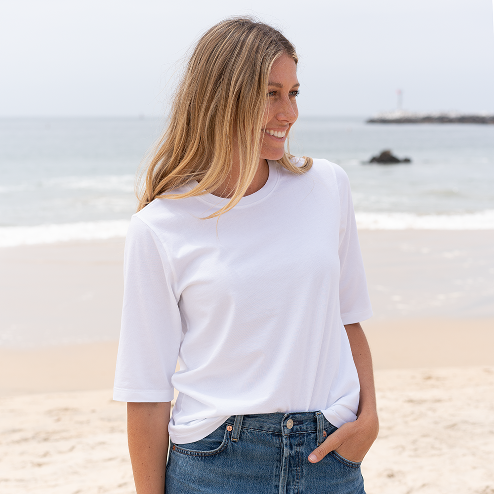 #color_white Womens Elbow Sleeve Crew Neck close