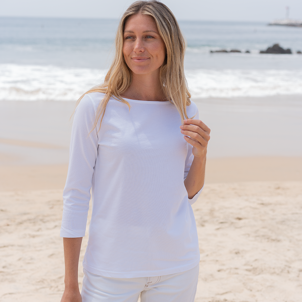 #color_white organic cotton 3/4 Sleeve Boat Neck t-shirt Front