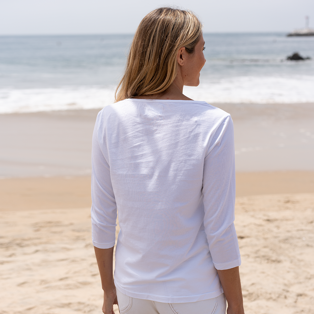 #color_white organic cotton 3/4 Sleeve Boat Neck t-shirt  Back