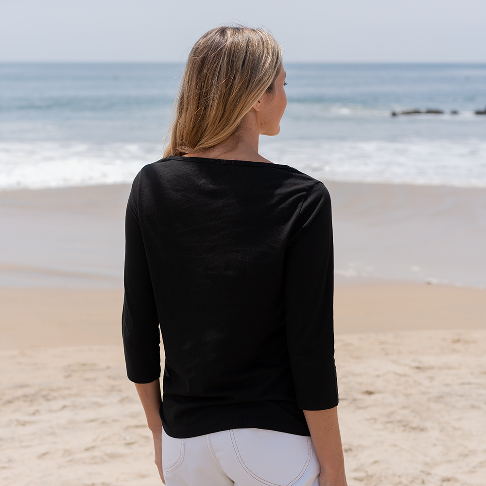 #color_black organic cotton 3/4 Sleeve Boat Neck t-shirt Back