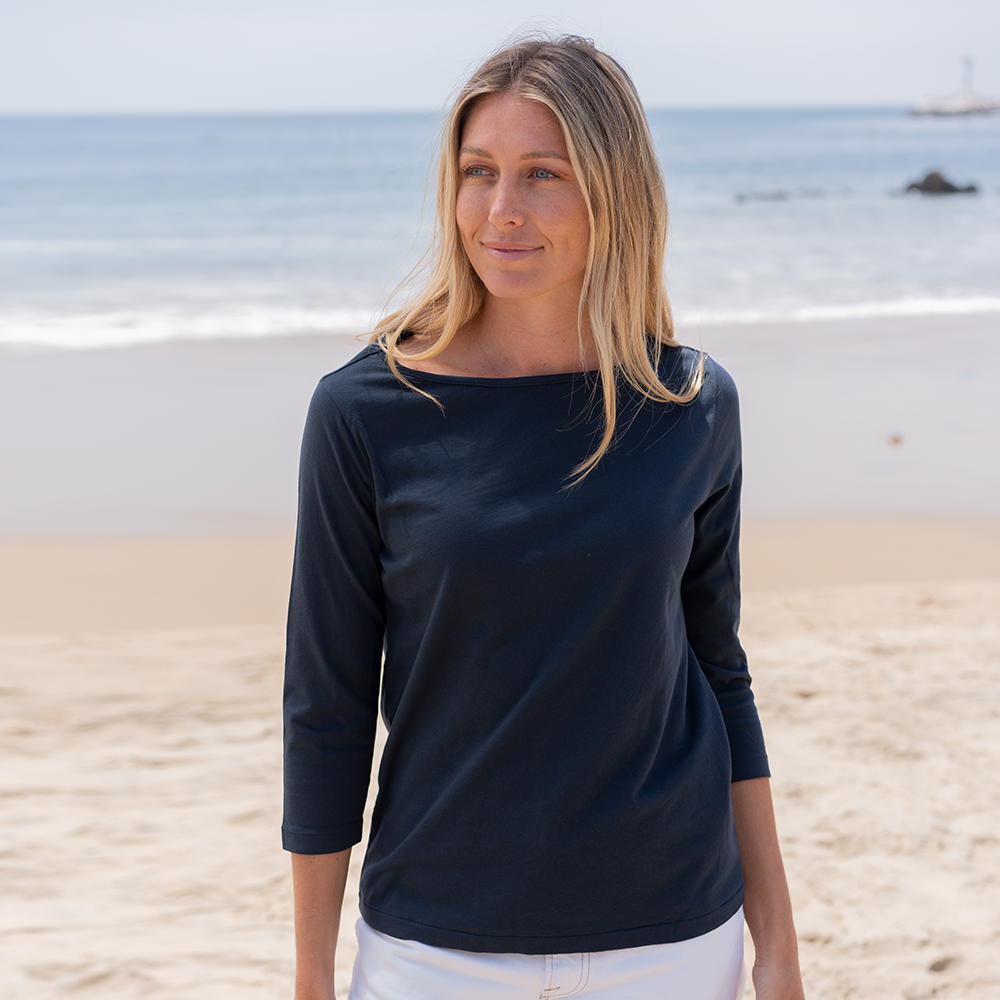 #color_navy-blue organic cotton 3/4 Sleeve Boat Neck Front