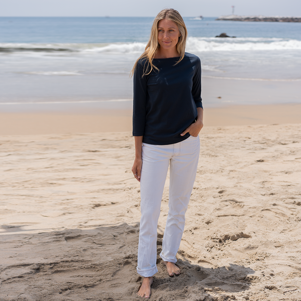 #color_navy-blue organic cotton 3/4 Sleeve Boat Neck Full-view