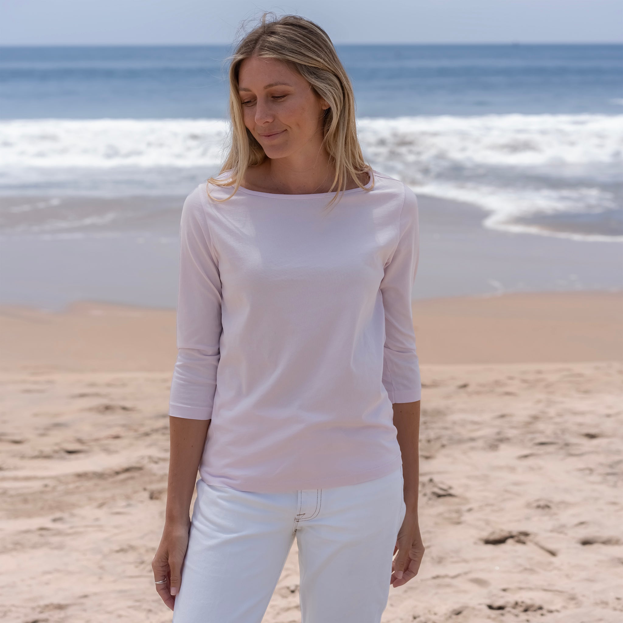 #color_light-pink organic cotton 3/4 Sleeve Boat Neck Front