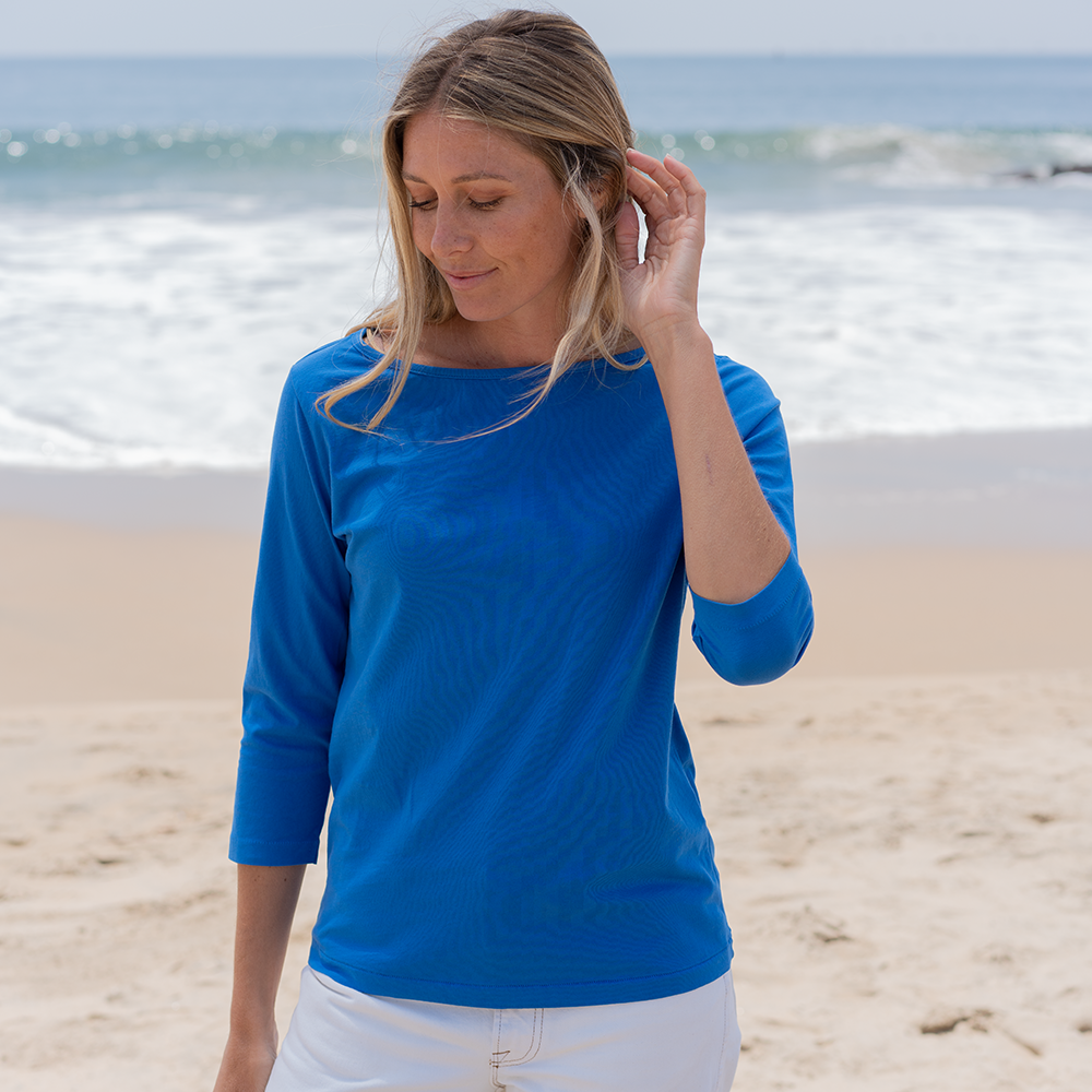 #color_royal-blue organic cotton 3/4 Sleeve Boat Neck t-shirt Front