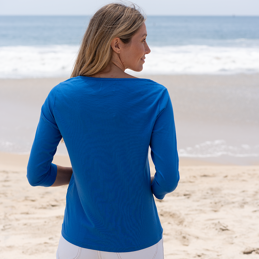 #color_royal-blue organic cotton 3/4 Sleeve Boat Neck t-shirt Back
