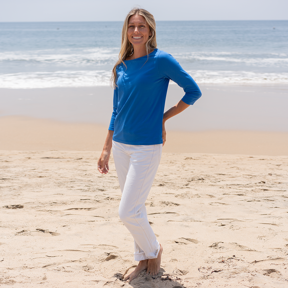 #color_royal-blue organic cotton 3/4 Sleeve Boat Neck t-shirt Full-view