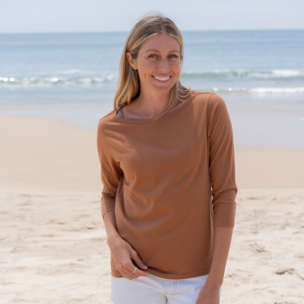 #color_copper organic cotton 3/4 Sleeve Boat Neck t-shirt Front