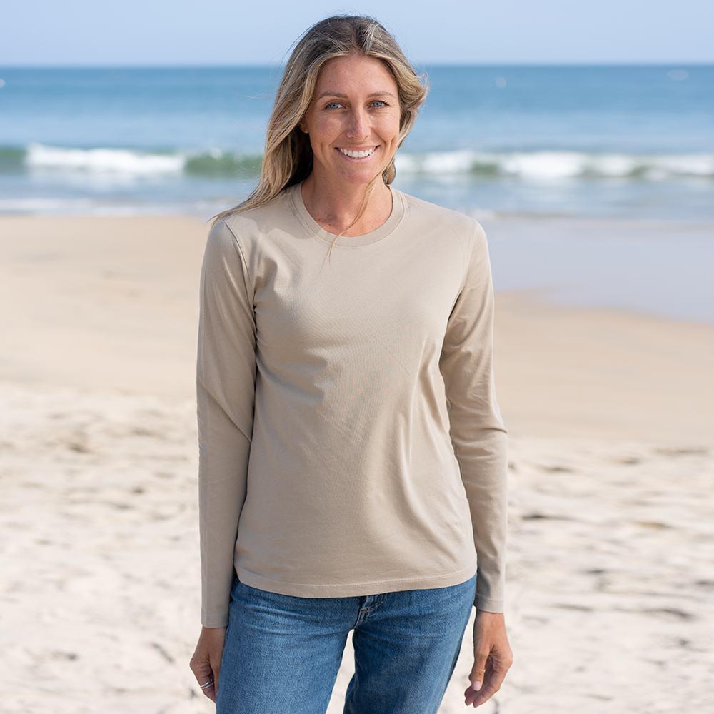 #color_sand organic cotton Long Sleeve crewneck t-shirt Front