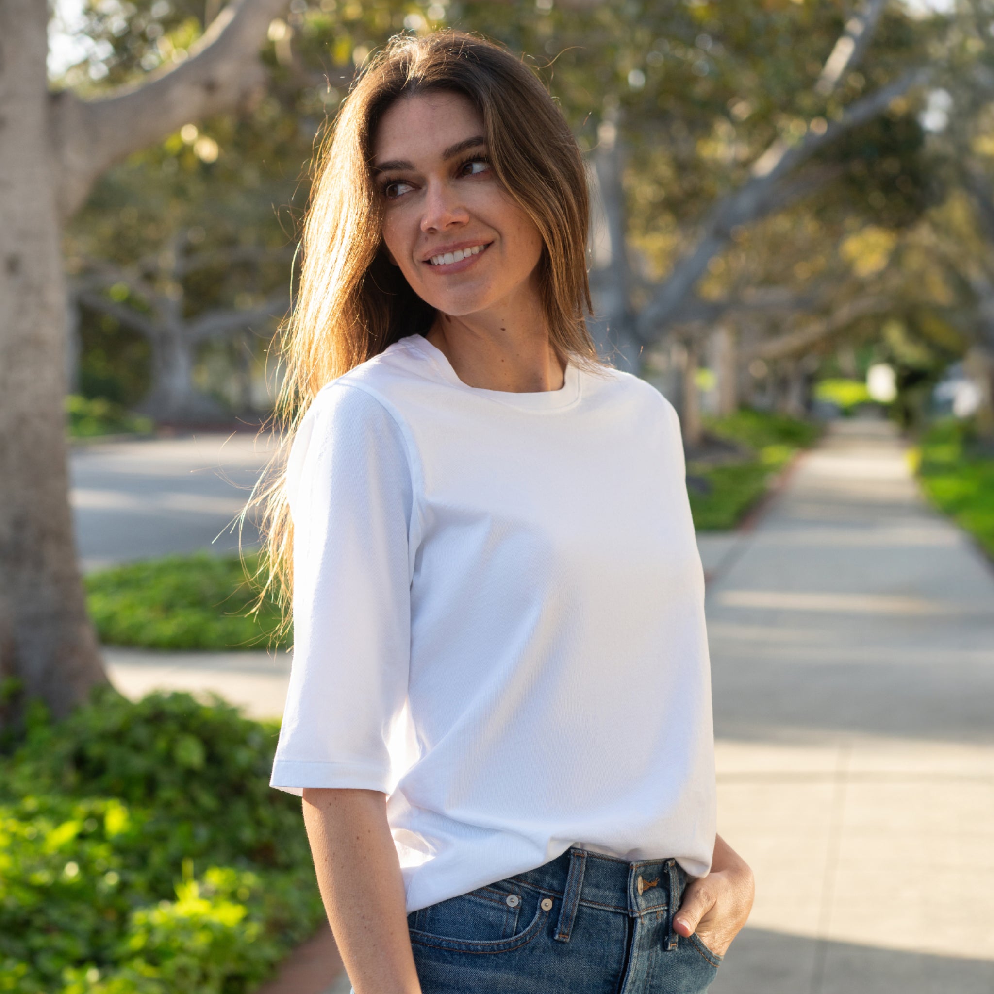 #color_white Womens Elbow Sleeve Crew Neck