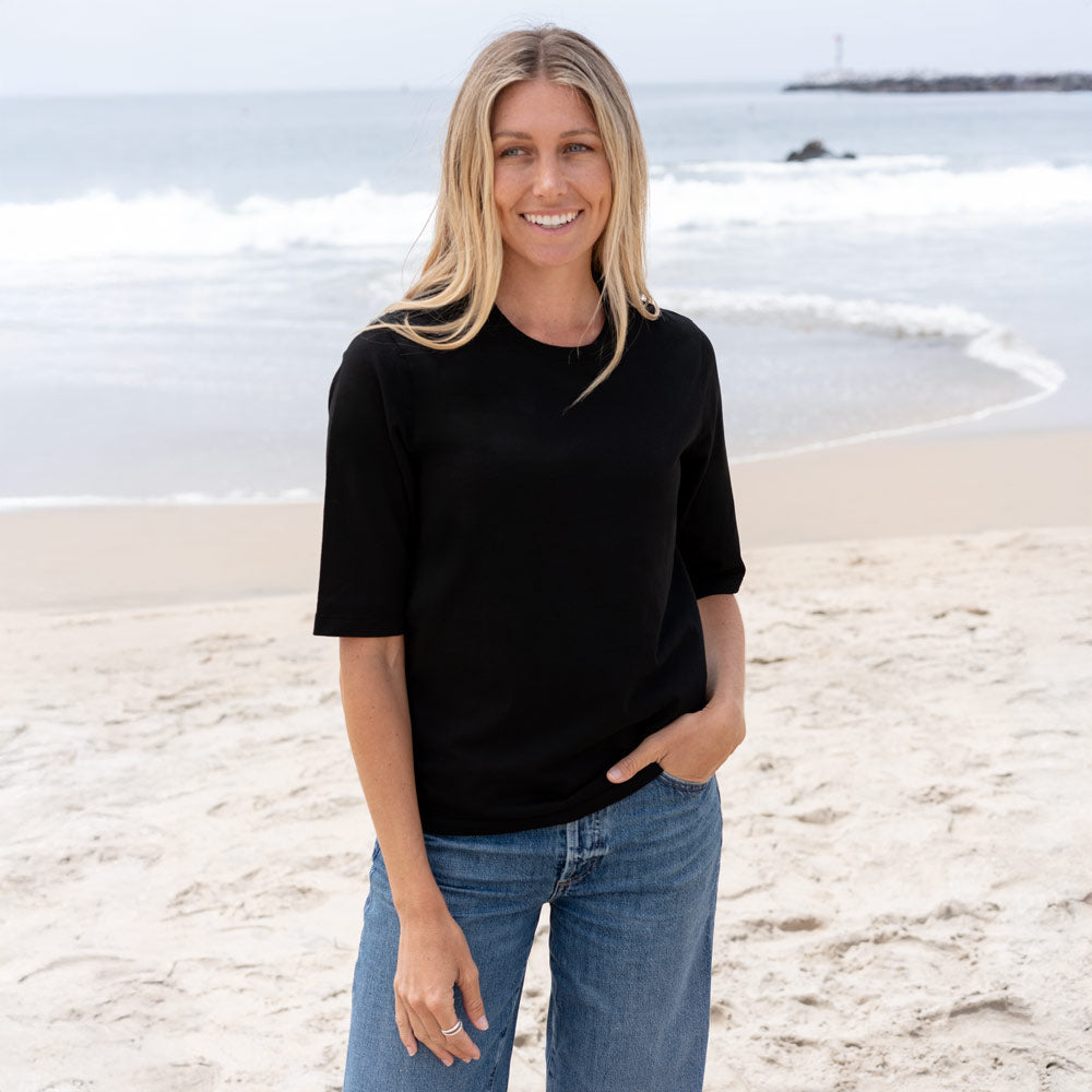 #color_black Womens Elbow Sleeve Crew Neck