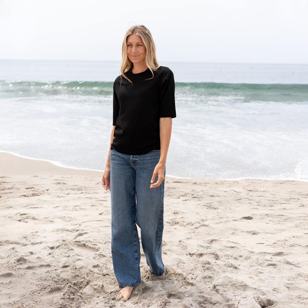 #color_black Womens Elbow Sleeve Crew Neck