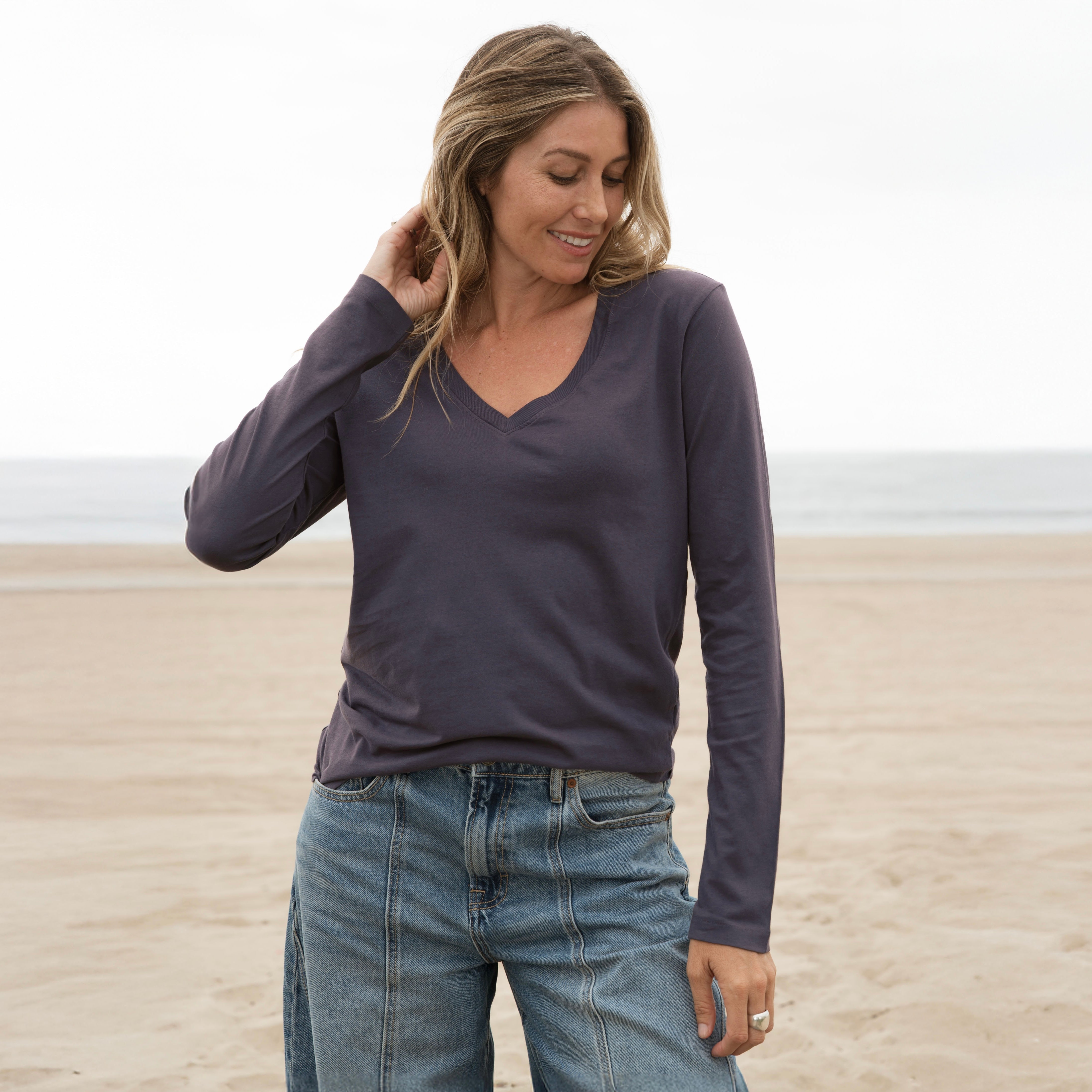 #color_faded-purple Womens Long Sleeve V Neck Front