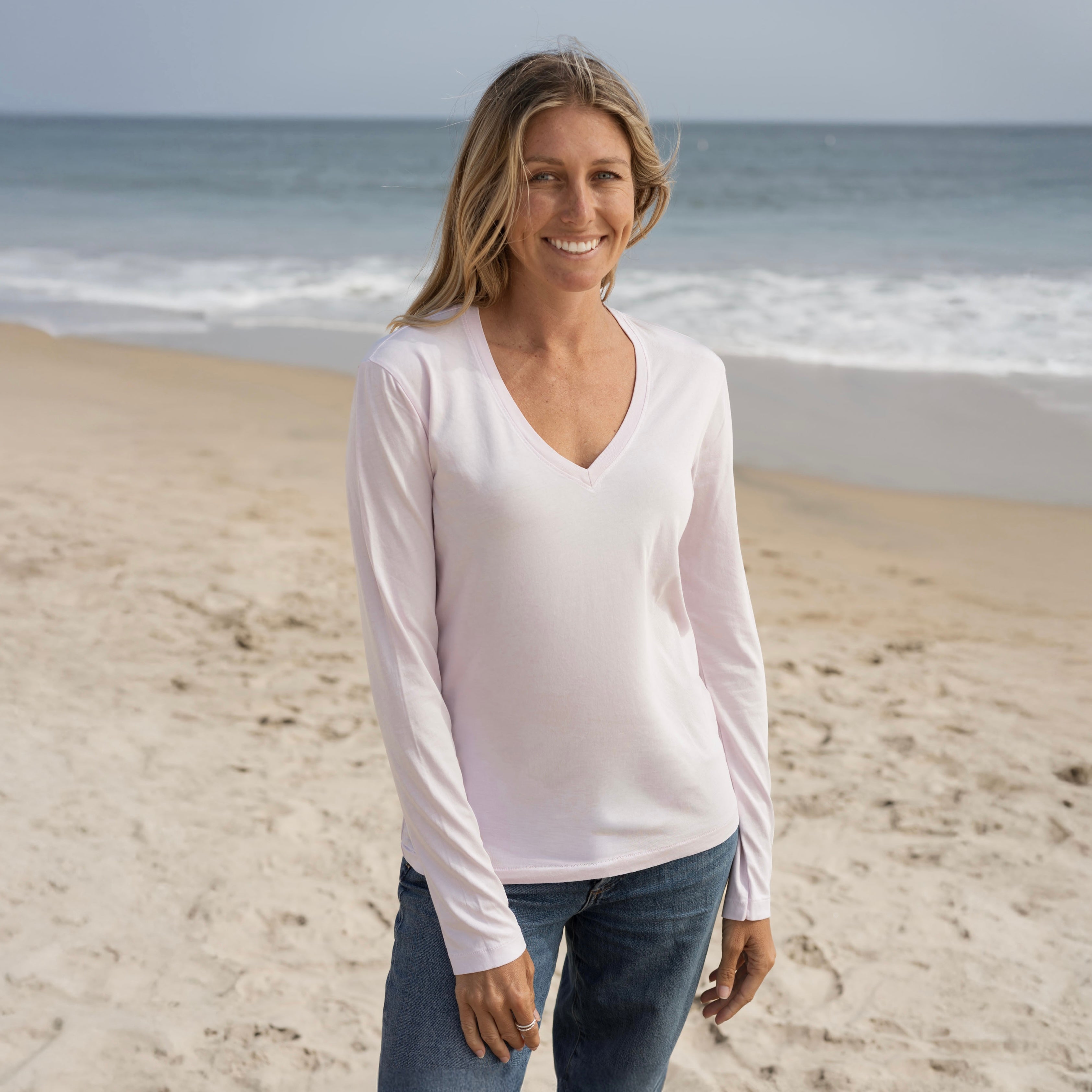 #color_light-pink Womens Long Sleeve V Neck Front