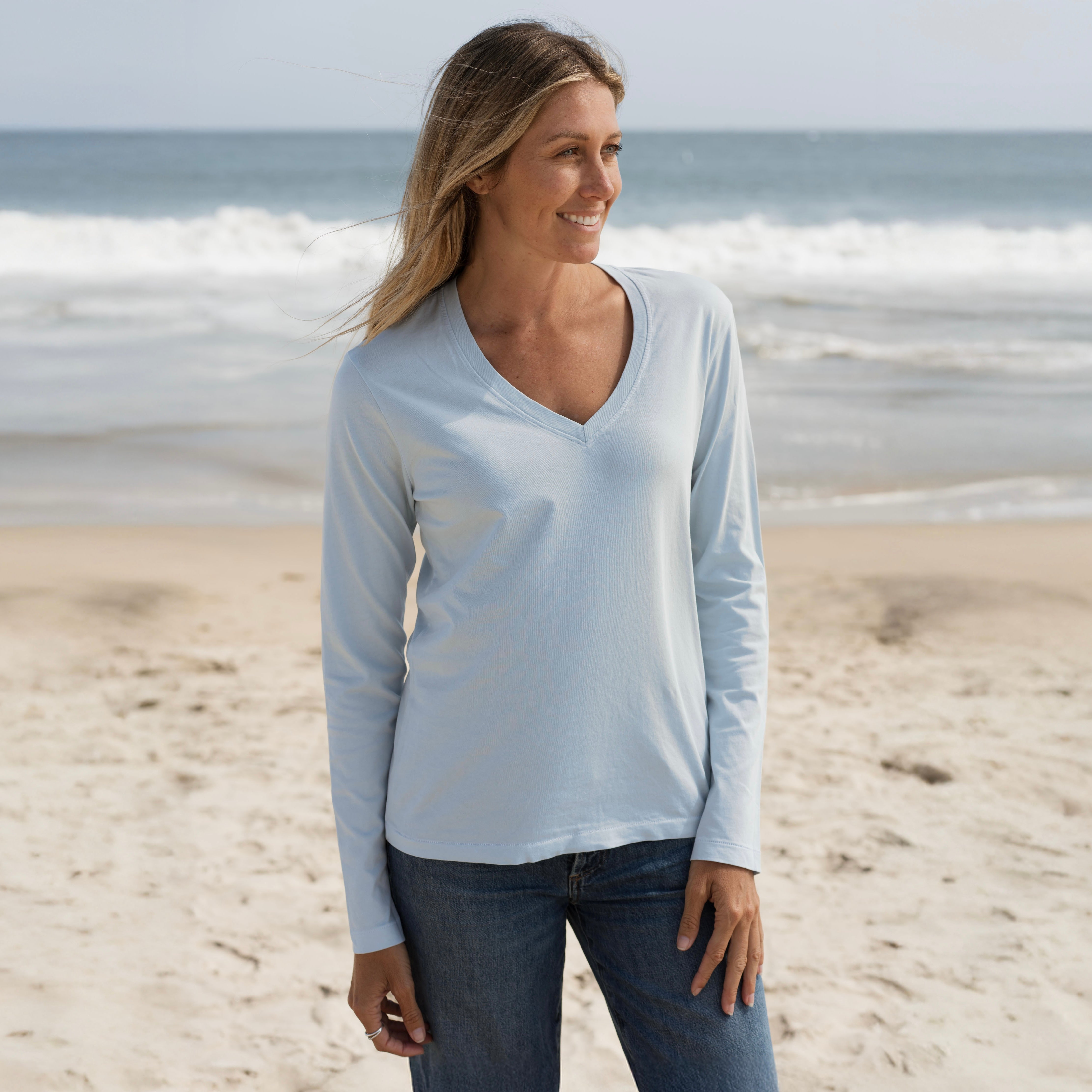 #color_sky-blue Women Long Sleeve V Neck