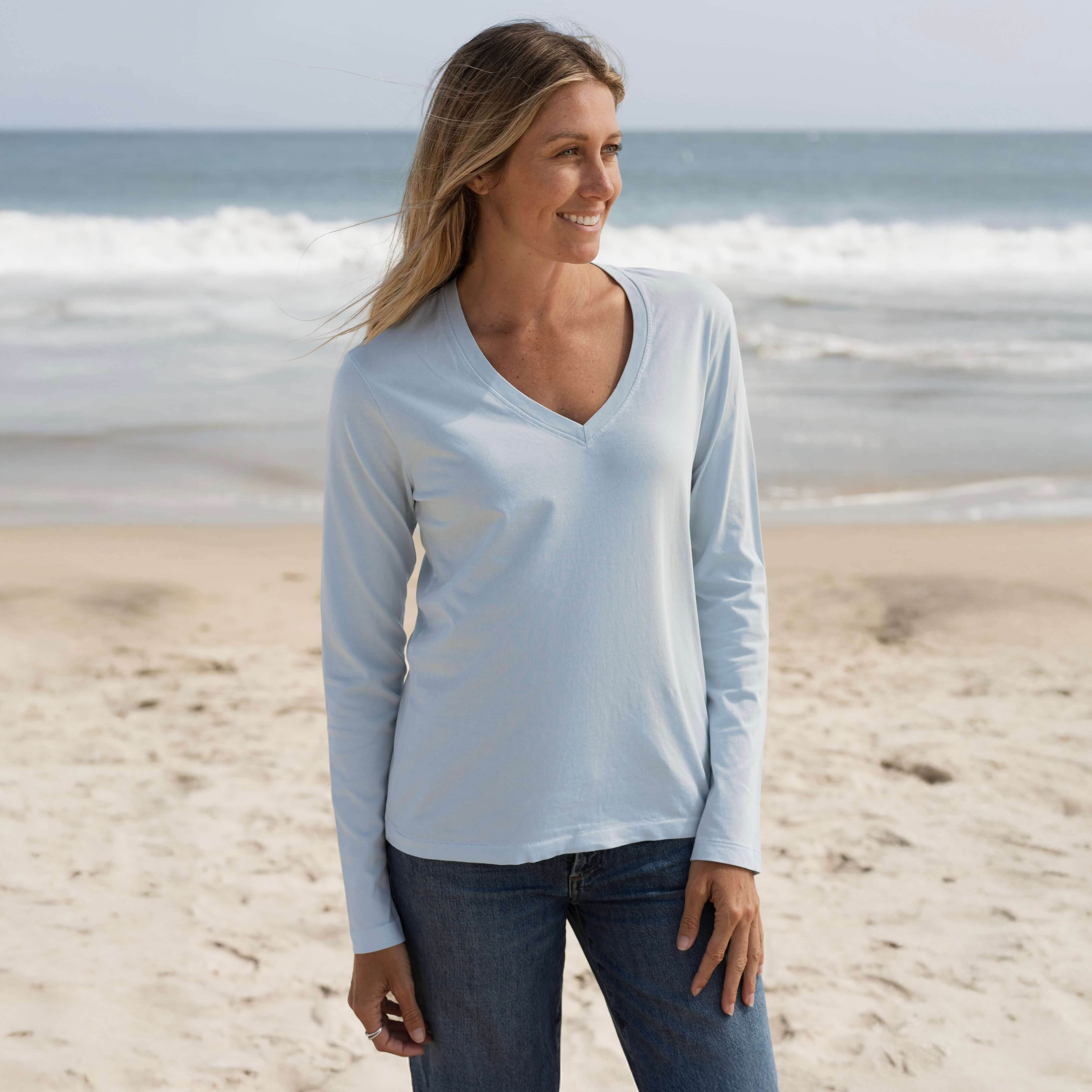 #Color_sky-blue Womens Long Sleeve V-neck Front